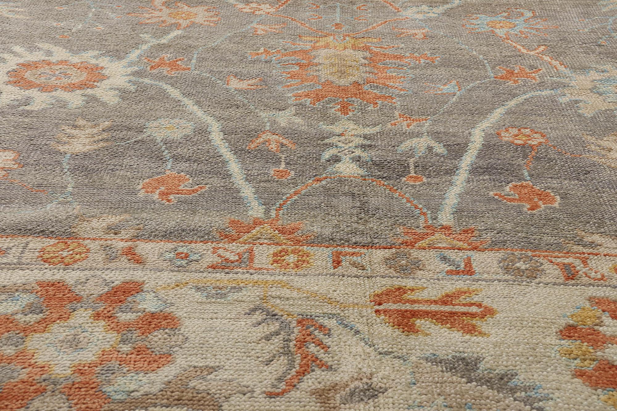 Contemporary New Modern Gray Turkish Oushak Carpet with Transitional Style For Sale
