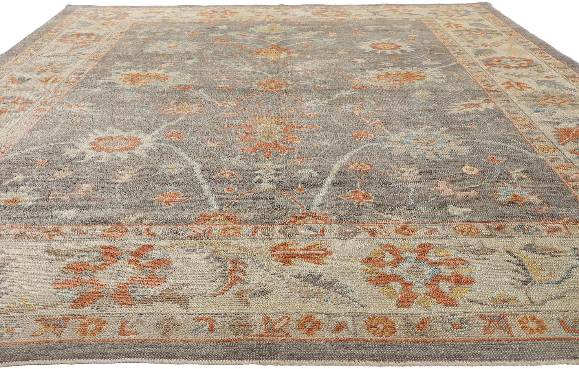 Wool New Modern Gray Turkish Oushak Carpet with Transitional Style For Sale