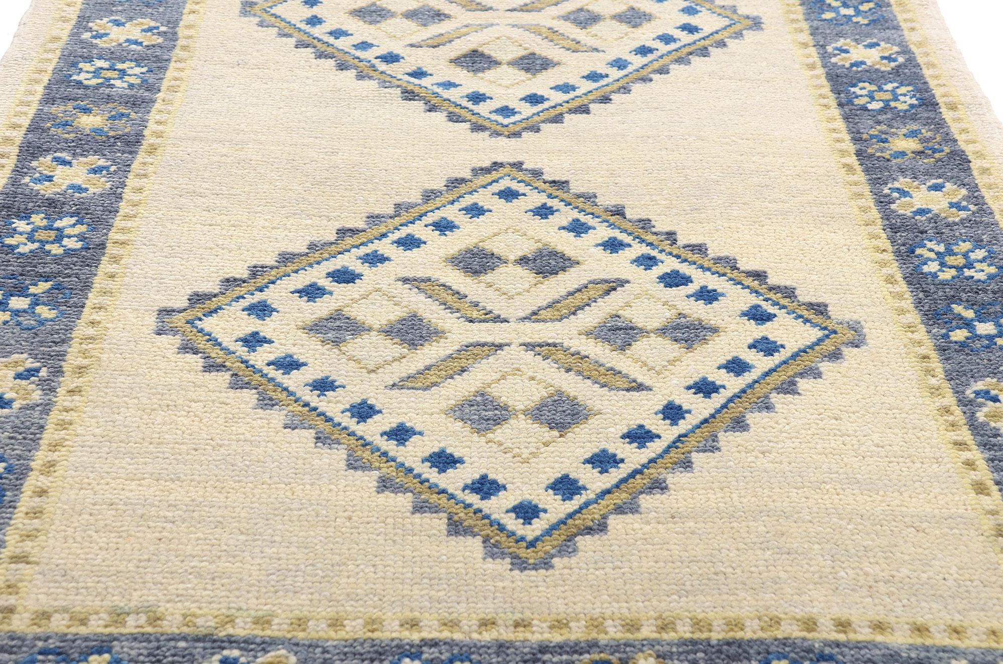 54017 New Modern Ivory Turkish Oushak Rug, 03'01 x 17'07. A masterwork of restraint and refinement, this hand-knotted wool Turkish Oushak rug runner invites you into a realm where understated elegance meets storied craftsmanship. Woven by master