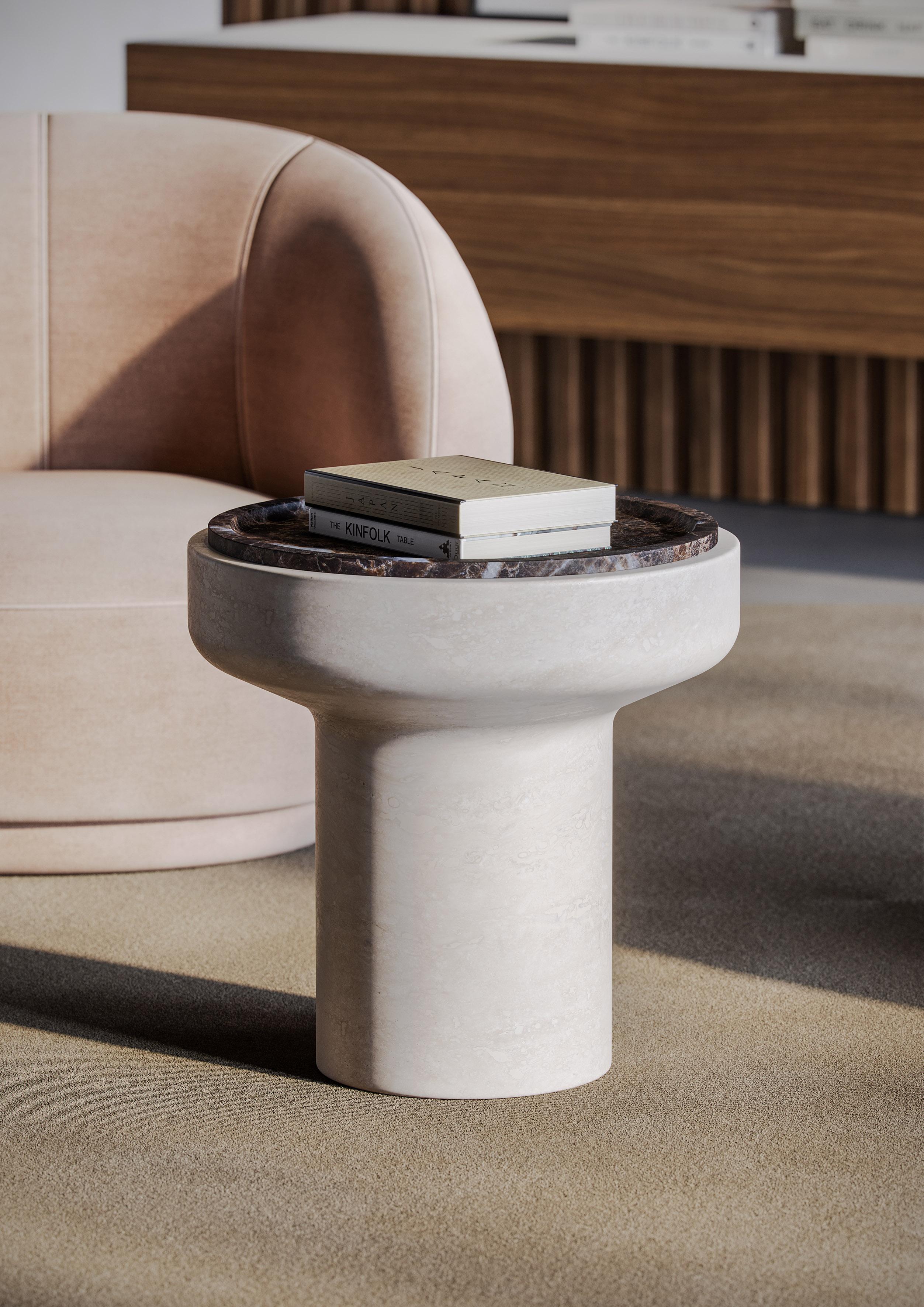 Side Table in Travertine Navona and Emperador dark.
Size: 50×50 cm. - 19,6x19,6 in. smooth finishing. 
Commercial name: Tivoli Side Table in marble, Tivoli Collection by the Spanish designer Ivan Colominas. Made in Italy, hand finished.

Tivoli, a