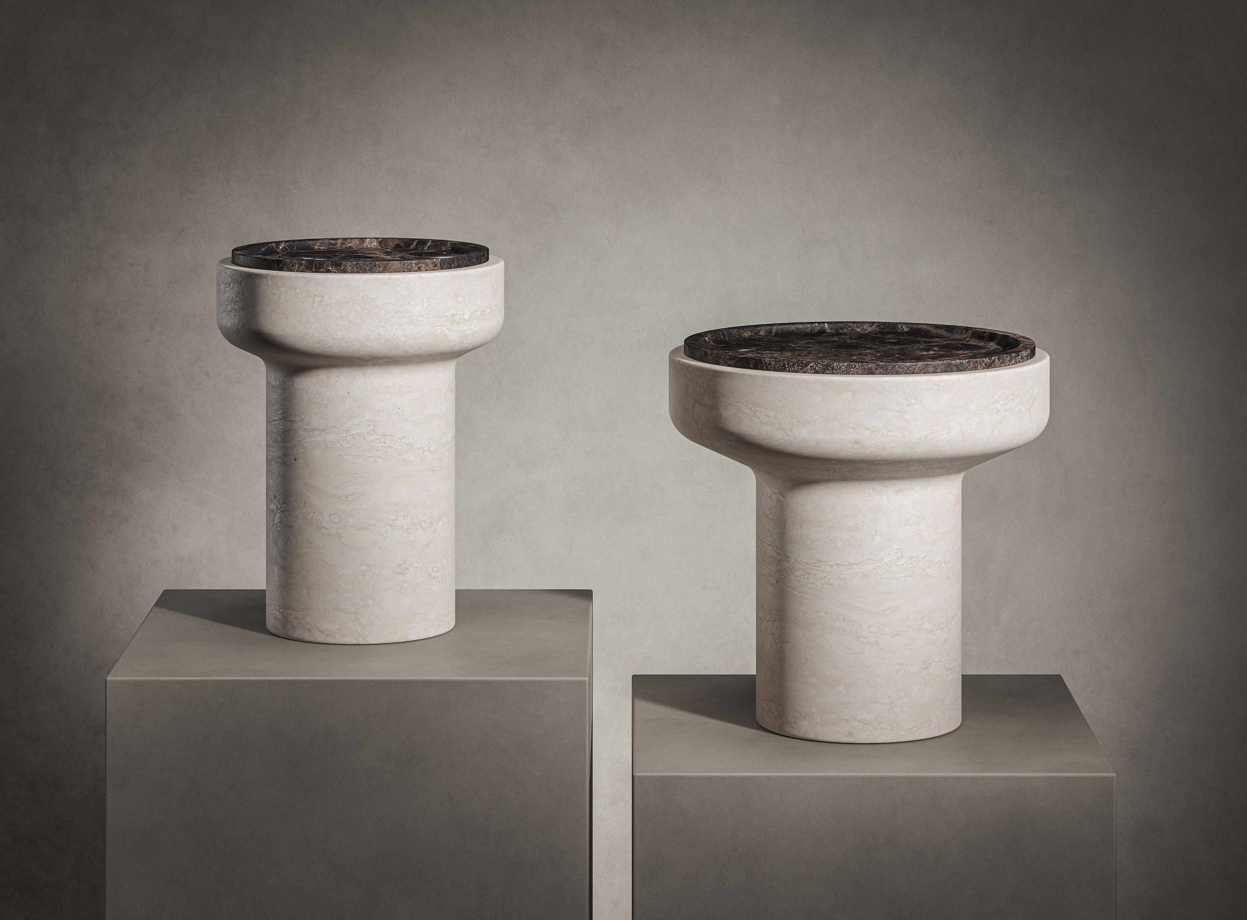 Contemporary New Modern Side Table in Travertine and Marble, Designer Ivan Colominas For Sale