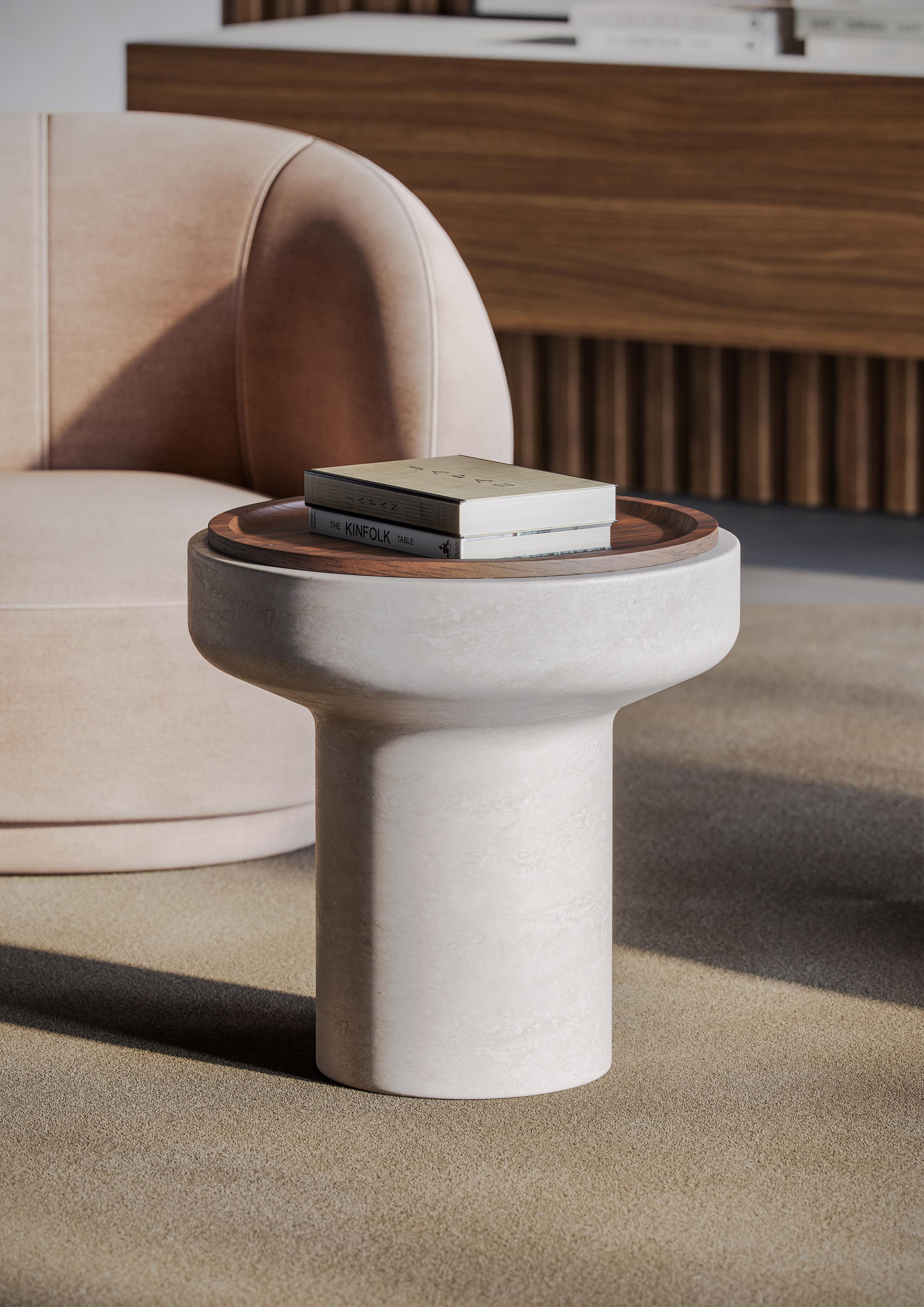 Side Table in Travertine Navona and walnut wood.
Size: 50×50 cm. - 19,6x19,6 in. smooth finishing. 
Commercial name: Tivoli Side Table in marble, Tivoli Collection by the Spanish designer Ivan Colominas. Made in Italy, hand finished.

Tivoli, a