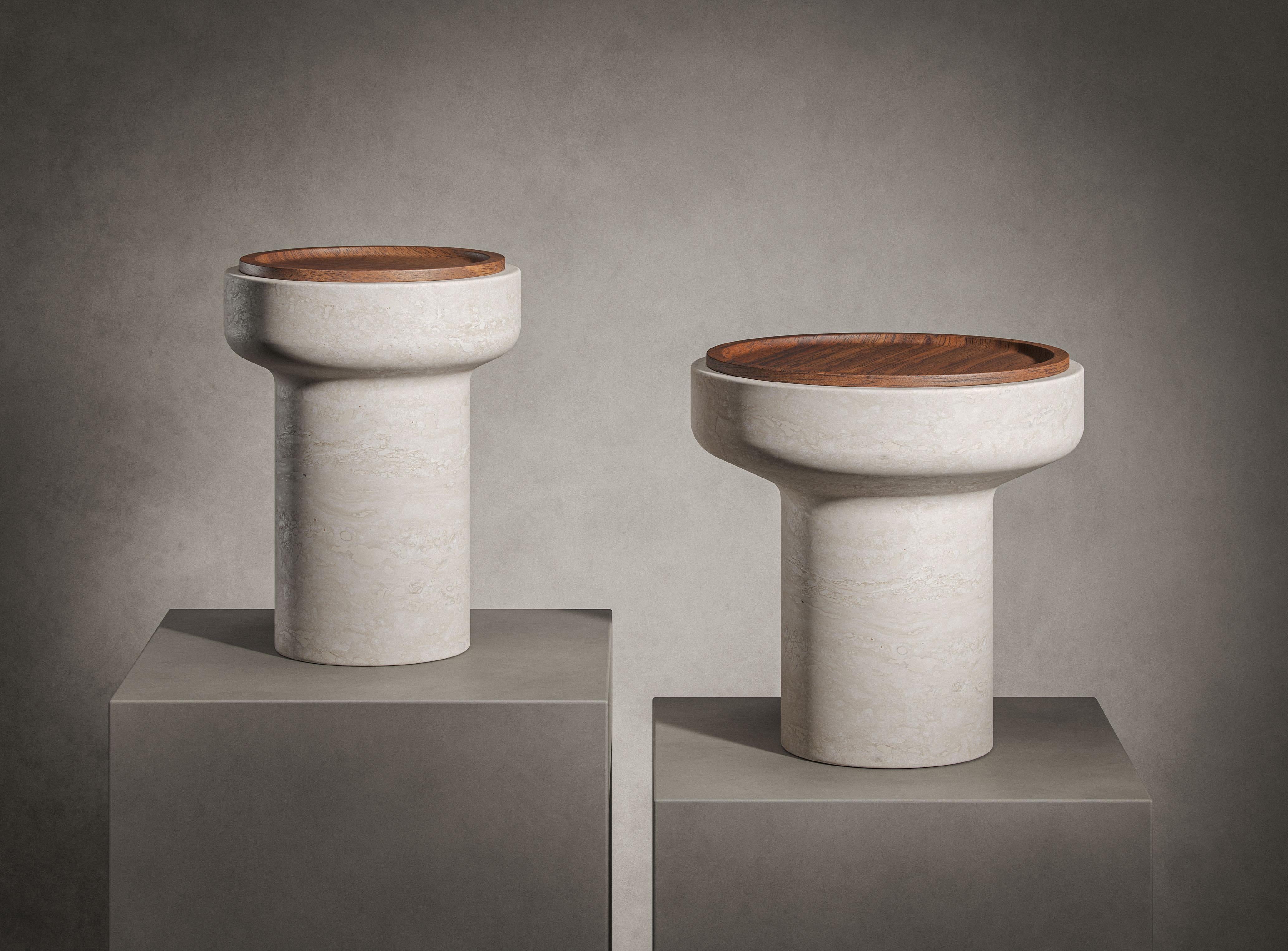 Contemporary New Modern Side Table in Travertine and Walnut, Designer Ivan Colominas For Sale