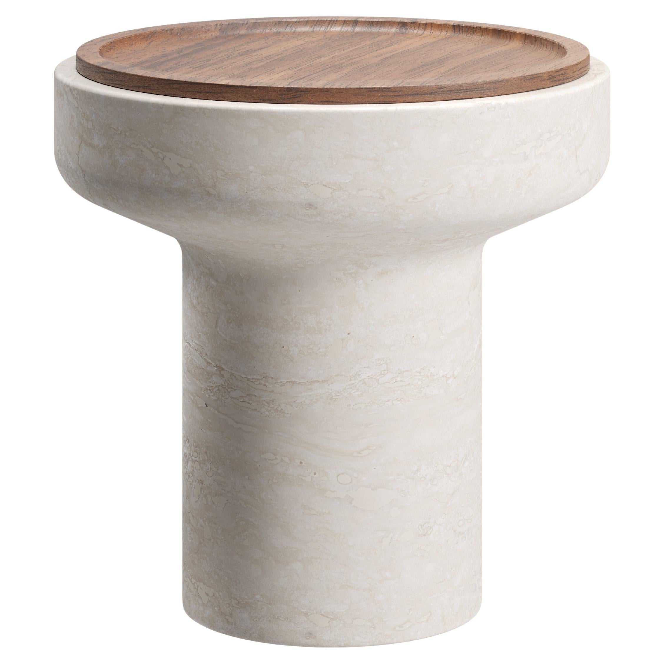 New Modern Side Table in Travertine and Walnut, Designer Ivan Colominas