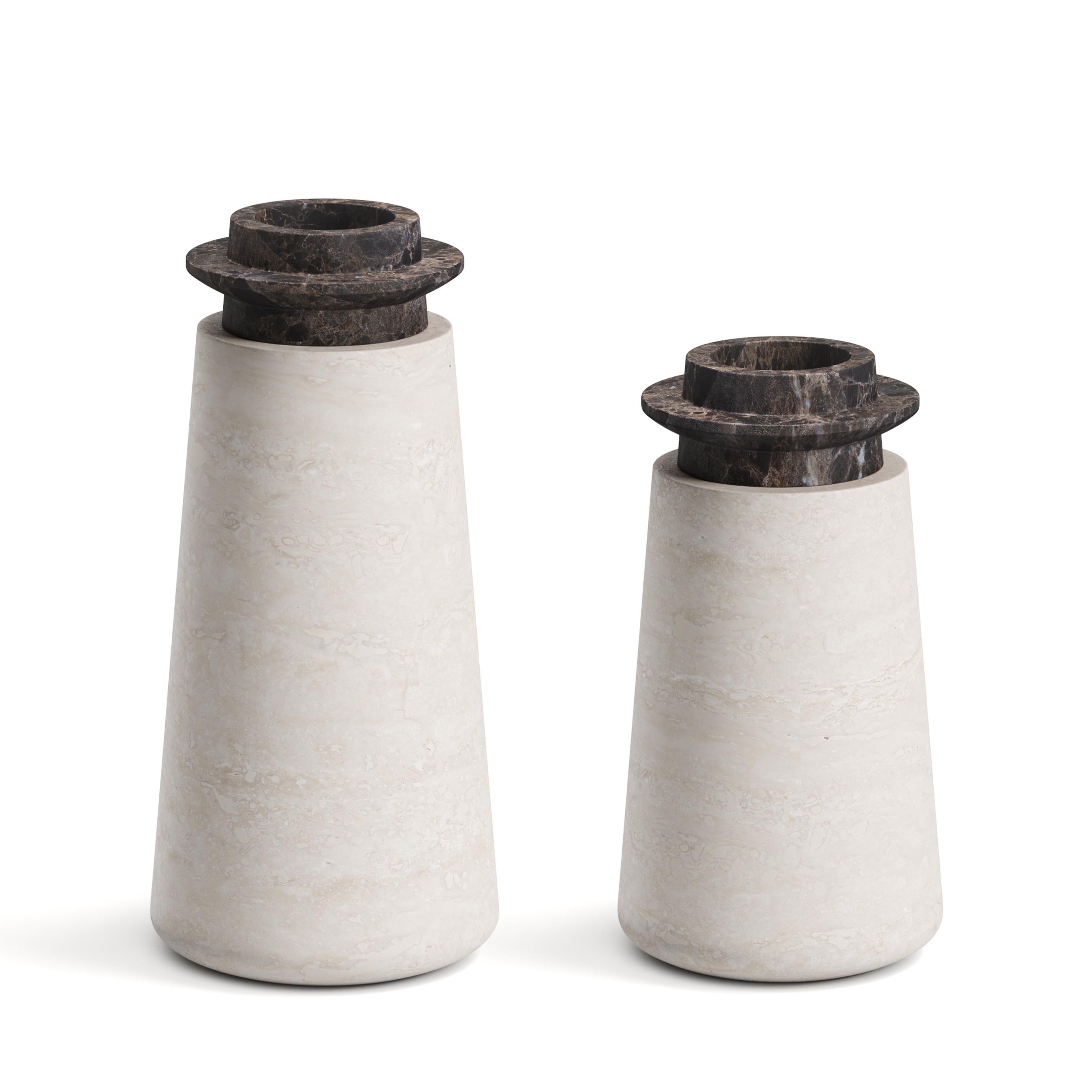 Contemporary New Modern Vase in Travertine and Marble, Designer Ivan Colominas For Sale
