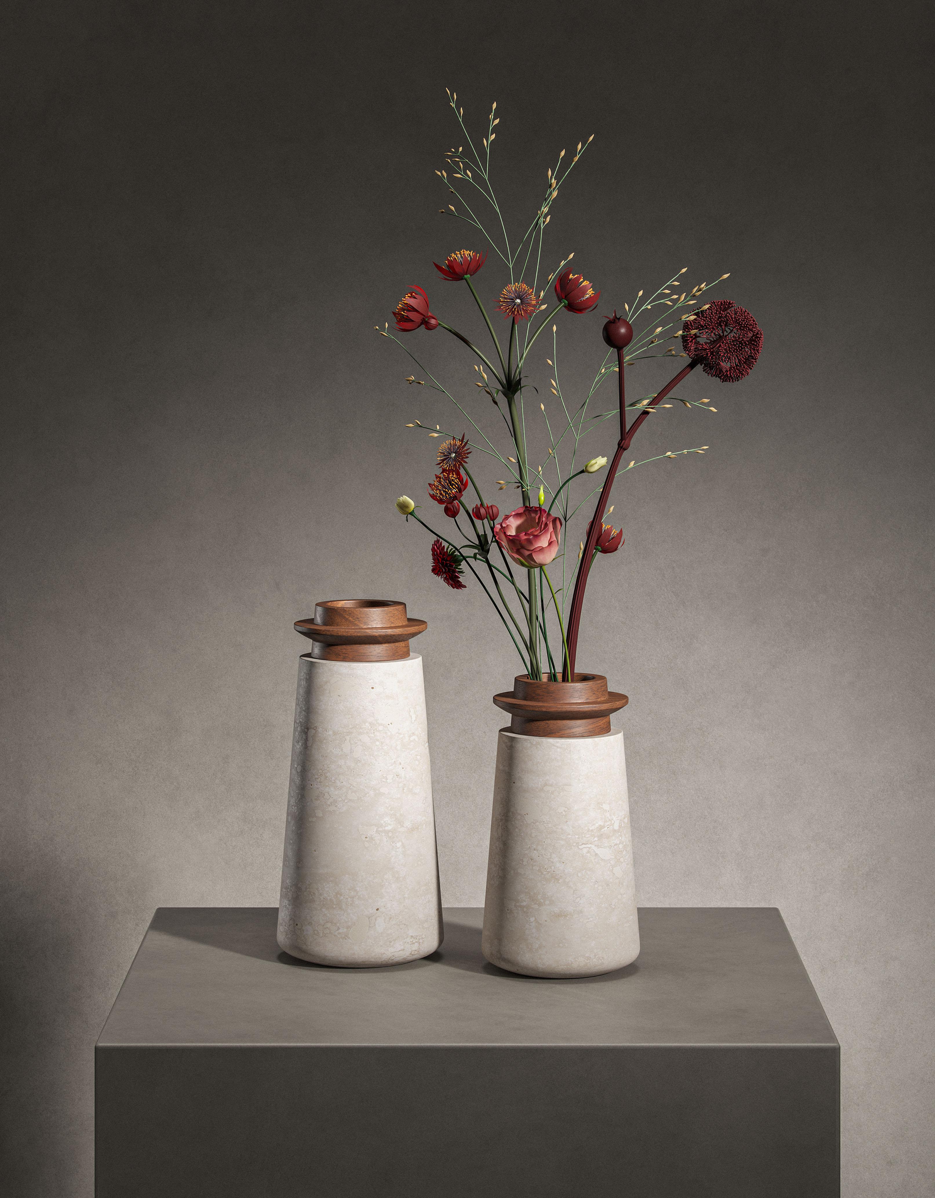 Moderno Nuovo vaso moderno in marmo e noce, Designer Ivan Colominas in vendita