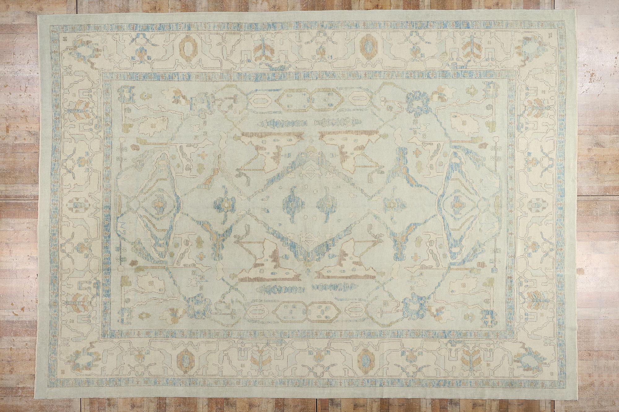 54012 New Modern Light Blue Turkish Oushak Rug, 13'02 x 18'02. A bespoke expression of serenity and artisan elegance, this exclusive one-of-a-kind hand-knotted Turkish Oushak rug embodies the essence of quiet sophistication and refined luxury. Awash