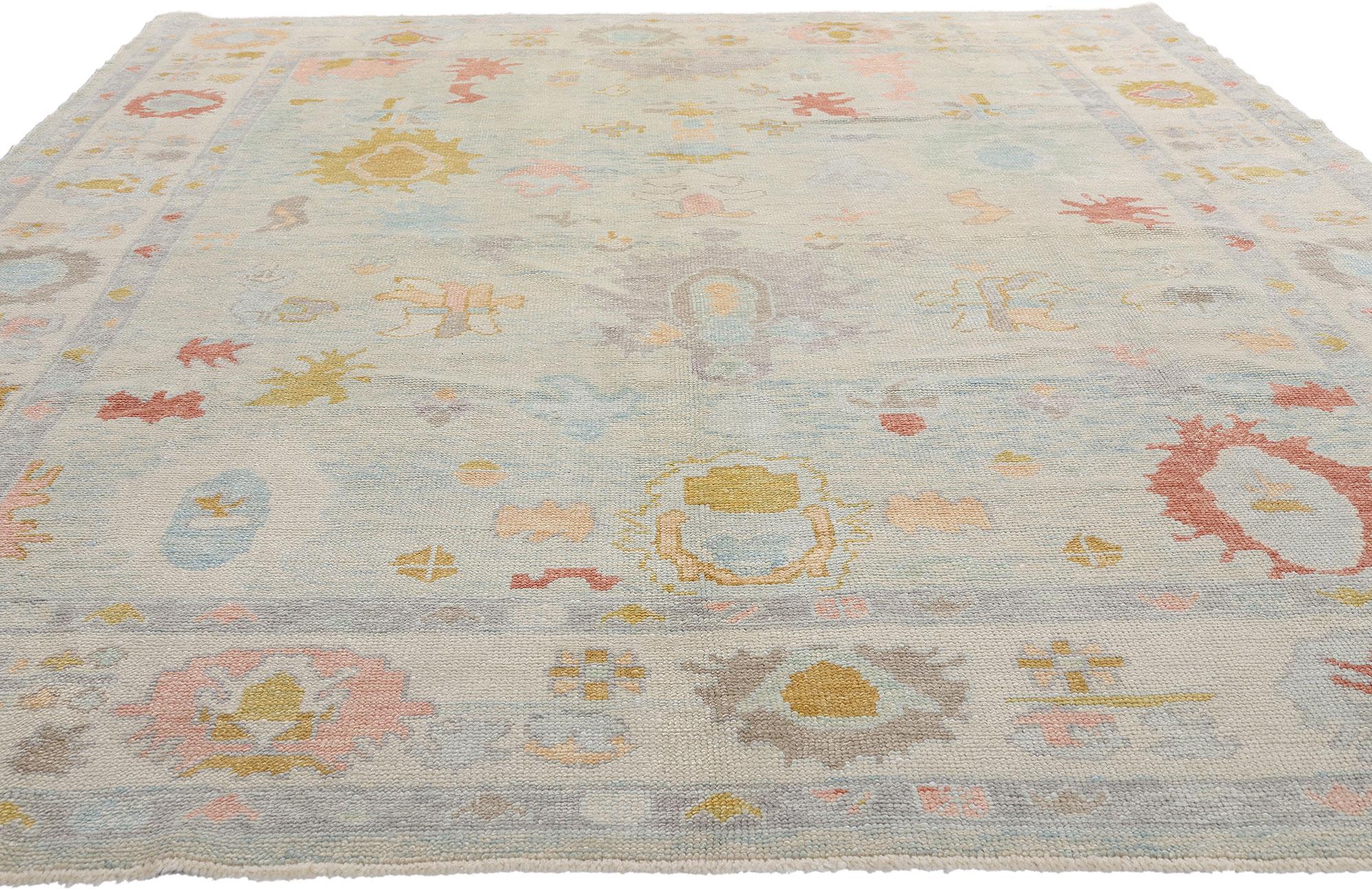 Annodato a mano Nuovo tappeto turco Oushak moderno di colore azzurro in stile contemporaneo in vendita