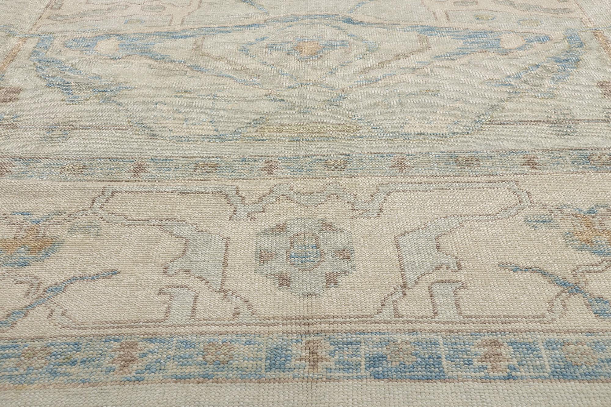 Wool New Modern Light Blue Turkish Oushak Carpet with Contemporary Style For Sale