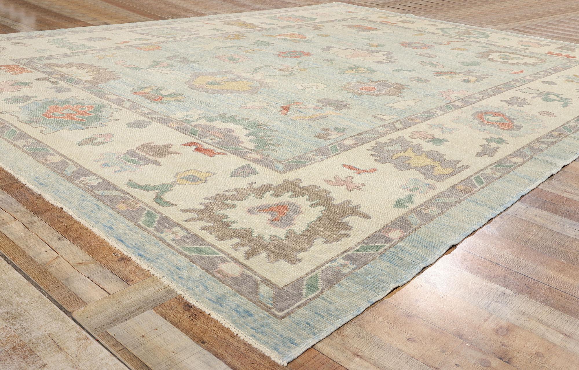 Contemporary New Modern Light Blue Turkish Oushak Rug, 10'09 x 14'01 For Sale