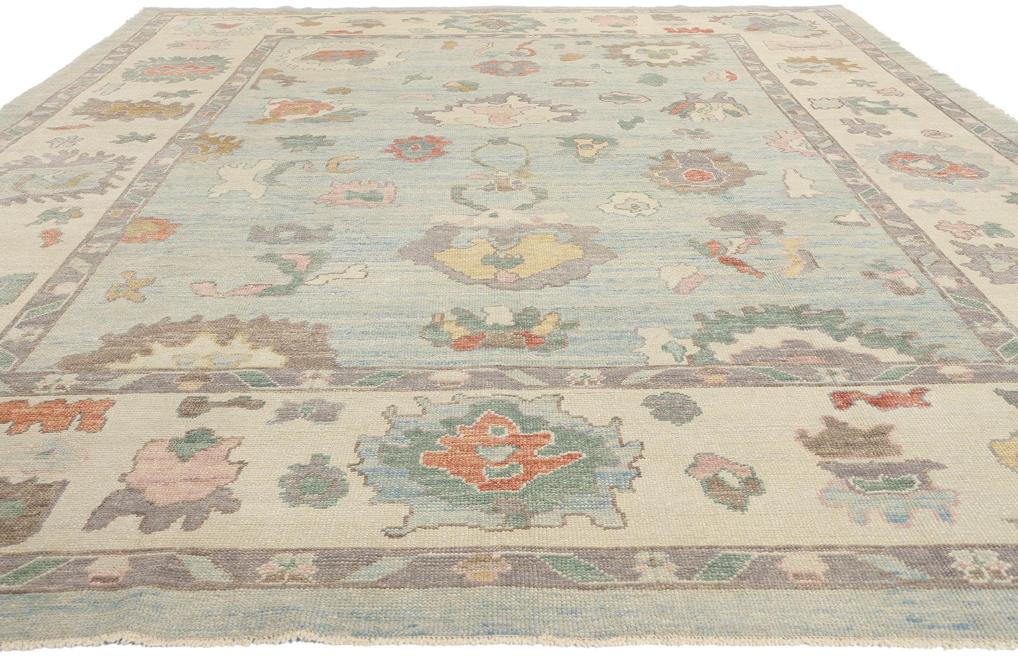 Wool New Modern Light Blue Turkish Oushak Rug, 10'09 x 14'01 For Sale