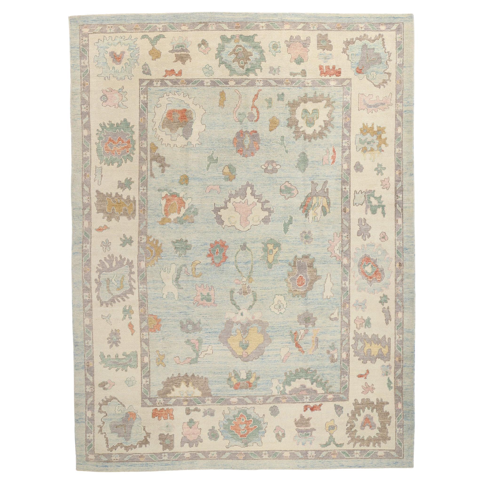 New Modern Light Blue Turkish Oushak Rug, 10'09 x 14'01