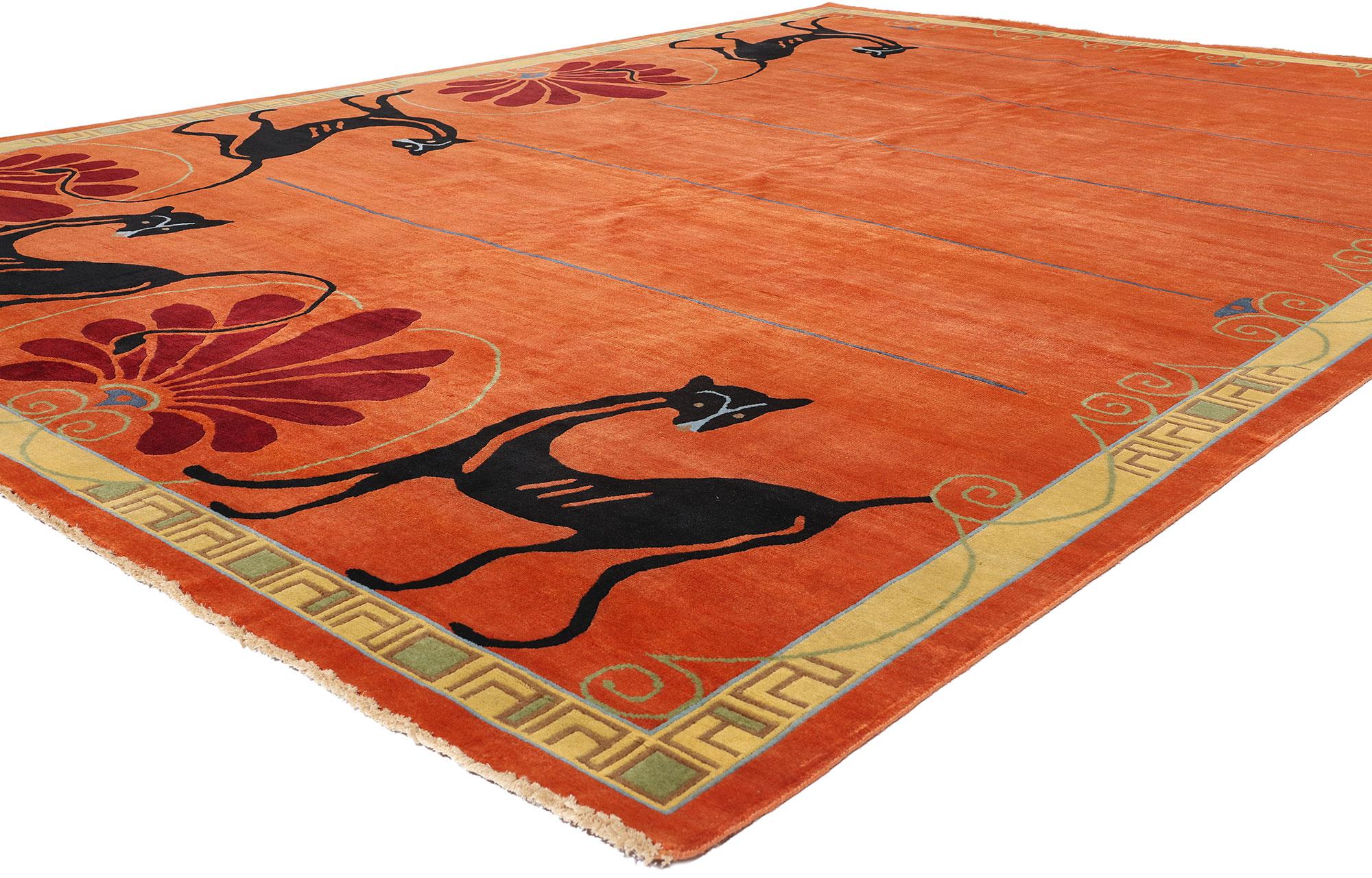 31094 Modern Orange Chinese Art Deco Rug, 10'00 x 14'01. Blending esoteric enchantment with the rich culture of ancient history, this hand-knotted wool modern Chinese Art Deco rug is a mesmerizing piece of woven artistry. Its vibrant orange backdrop