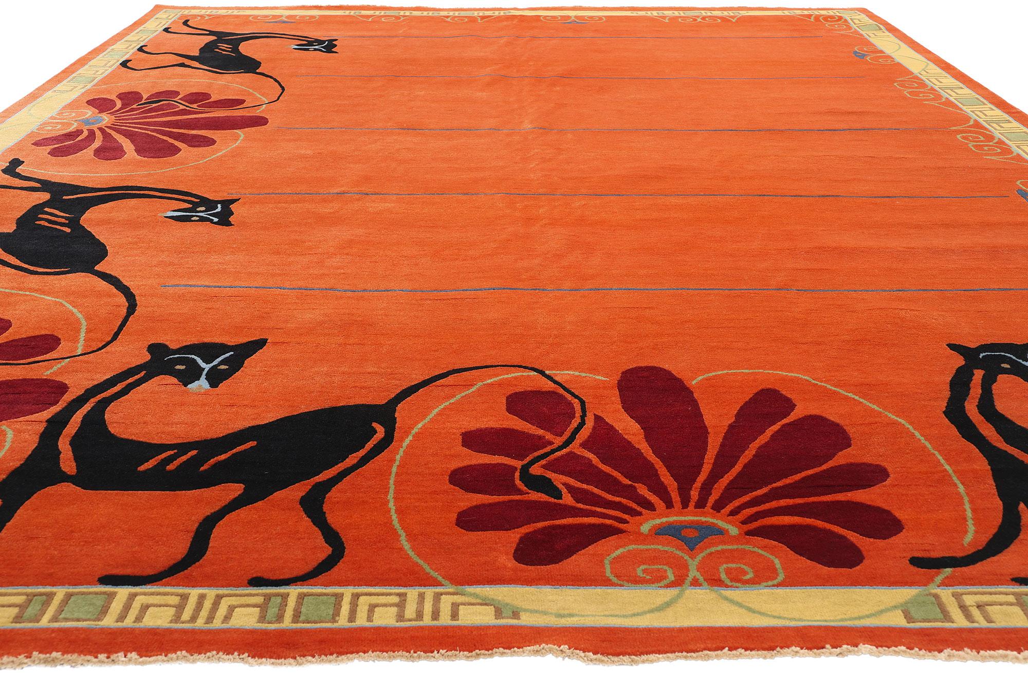 Indian New Modern Orange Chinese Art Deco Rug, 10'00 x 14'01 For Sale