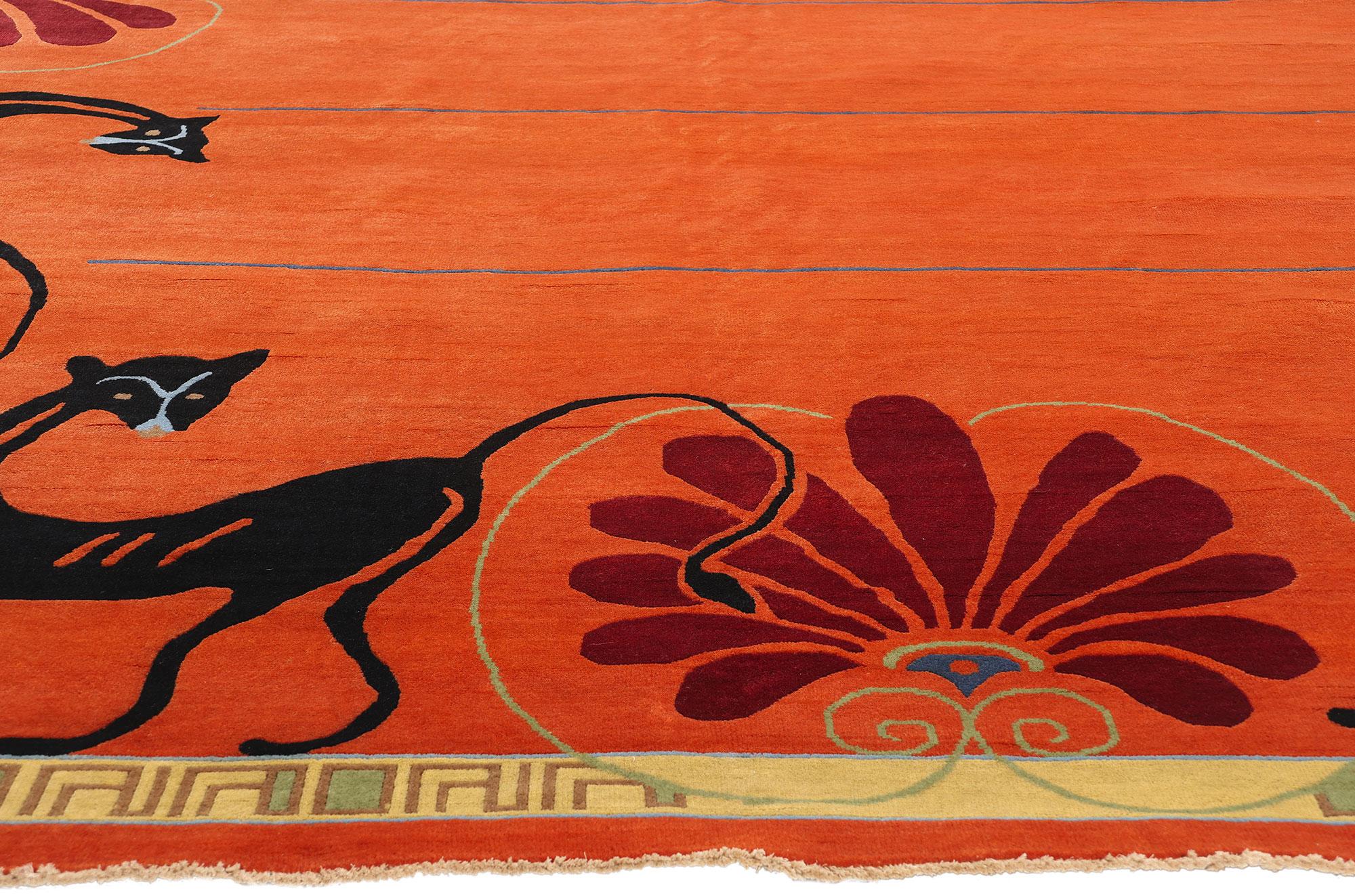 Hand-Knotted New Modern Orange Chinese Art Deco Rug, 10'00 x 14'01 For Sale