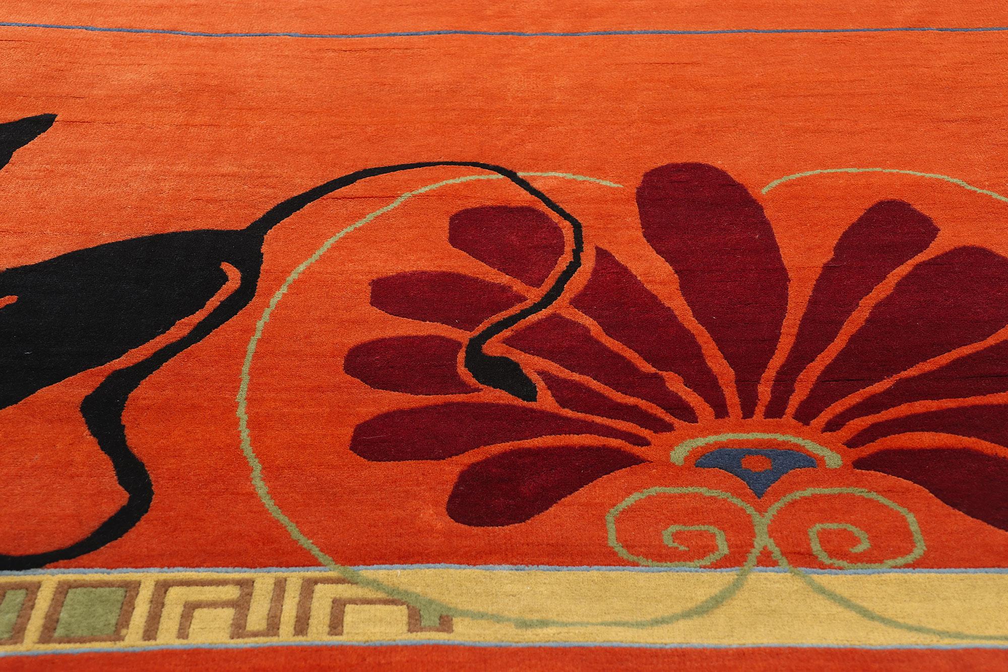 New Modern Orange Chinese Art Deco Rug, 10'00 x 14'01 In New Condition For Sale In Dallas, TX