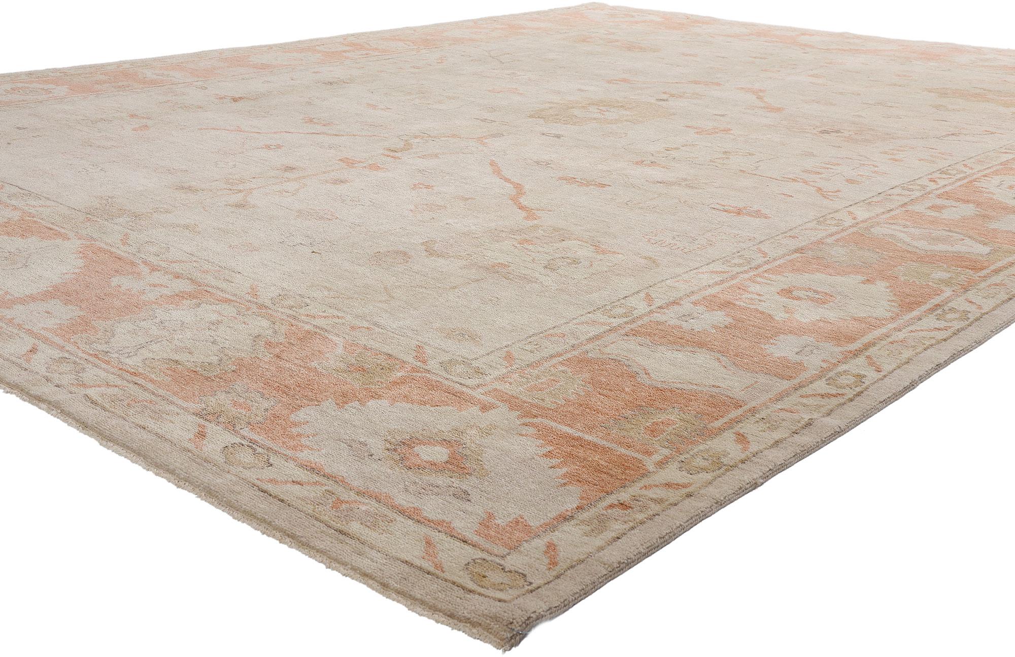 30108 New Modern Oushak Rug, 10'04 x 13'07. Bathed in a delicate, sun-washed palette of soft earth-tone colors, this hand-knotted wool modern Oushak rug is a vision of understated opulence and curated restraint. Born in the ateliers of India but