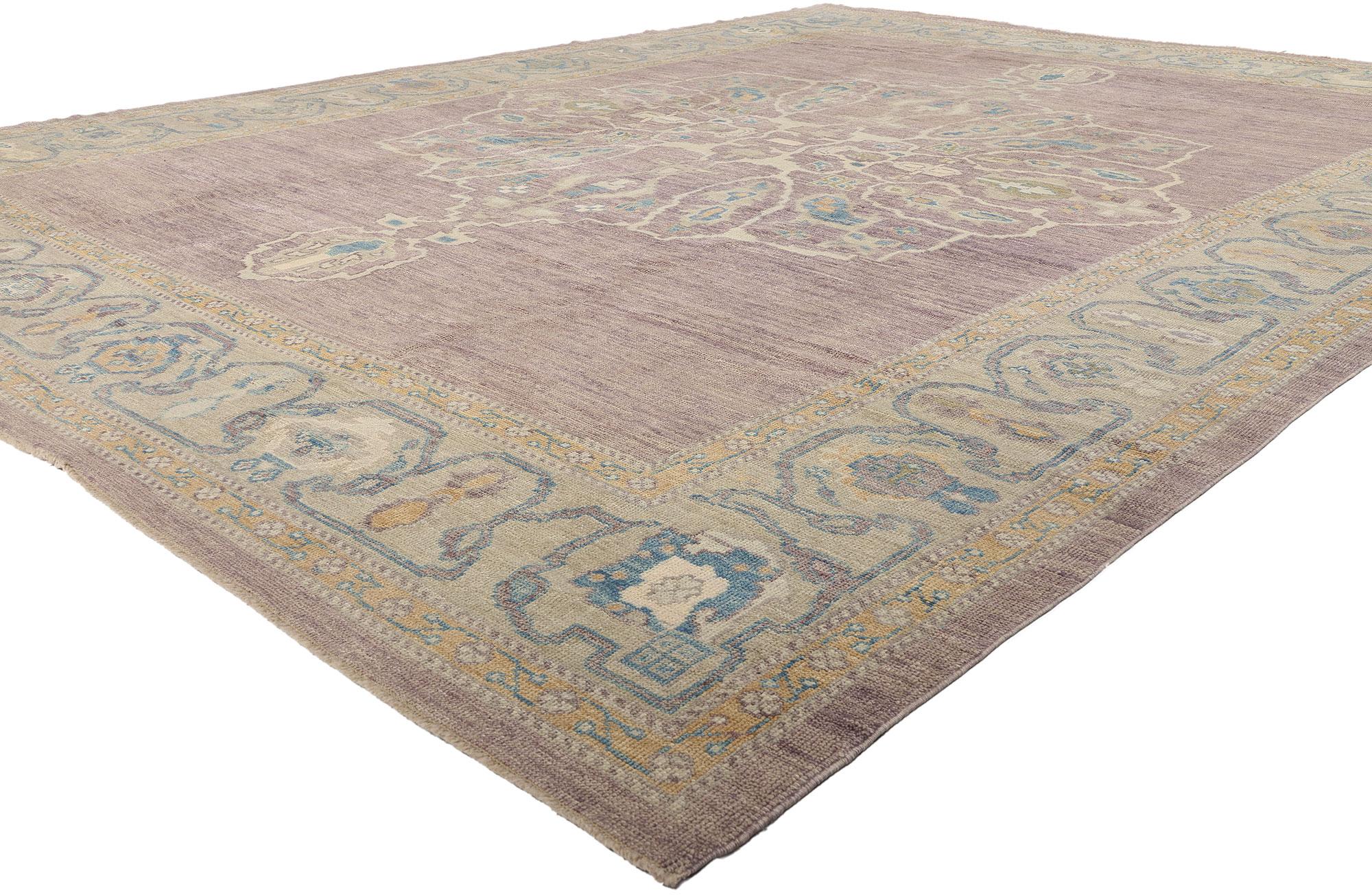53778 New Modern Lavender Turkish Oushak Rug, 12'01 x 15'07. Like the hush of twilight over Anatolia’s lavender fields, this hand-knotted wool modern Turkish Oushak rug unveils itself with a quiet radiance. A field of dusky amethyst unfurls like