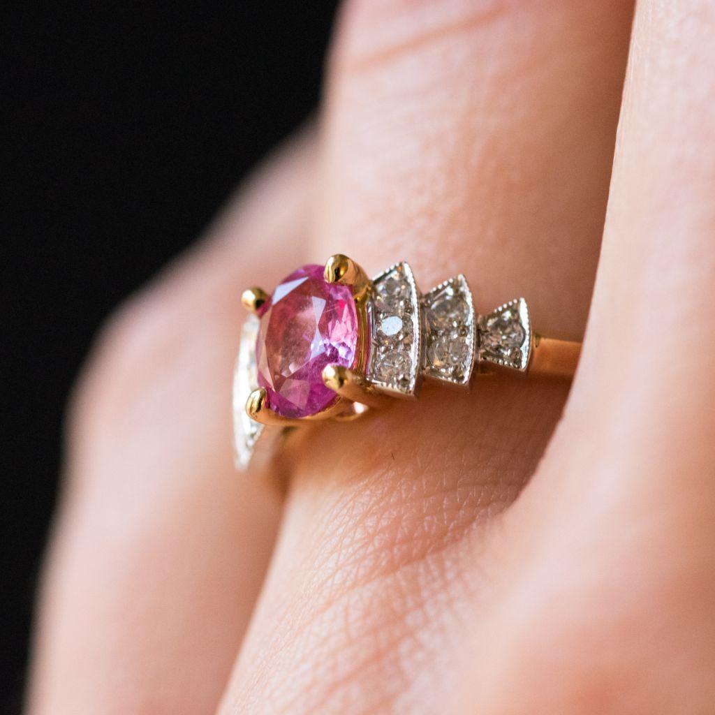Modern Pink Sapphire Diamond Gold Platinum Ring In New Condition In Poitiers, FR