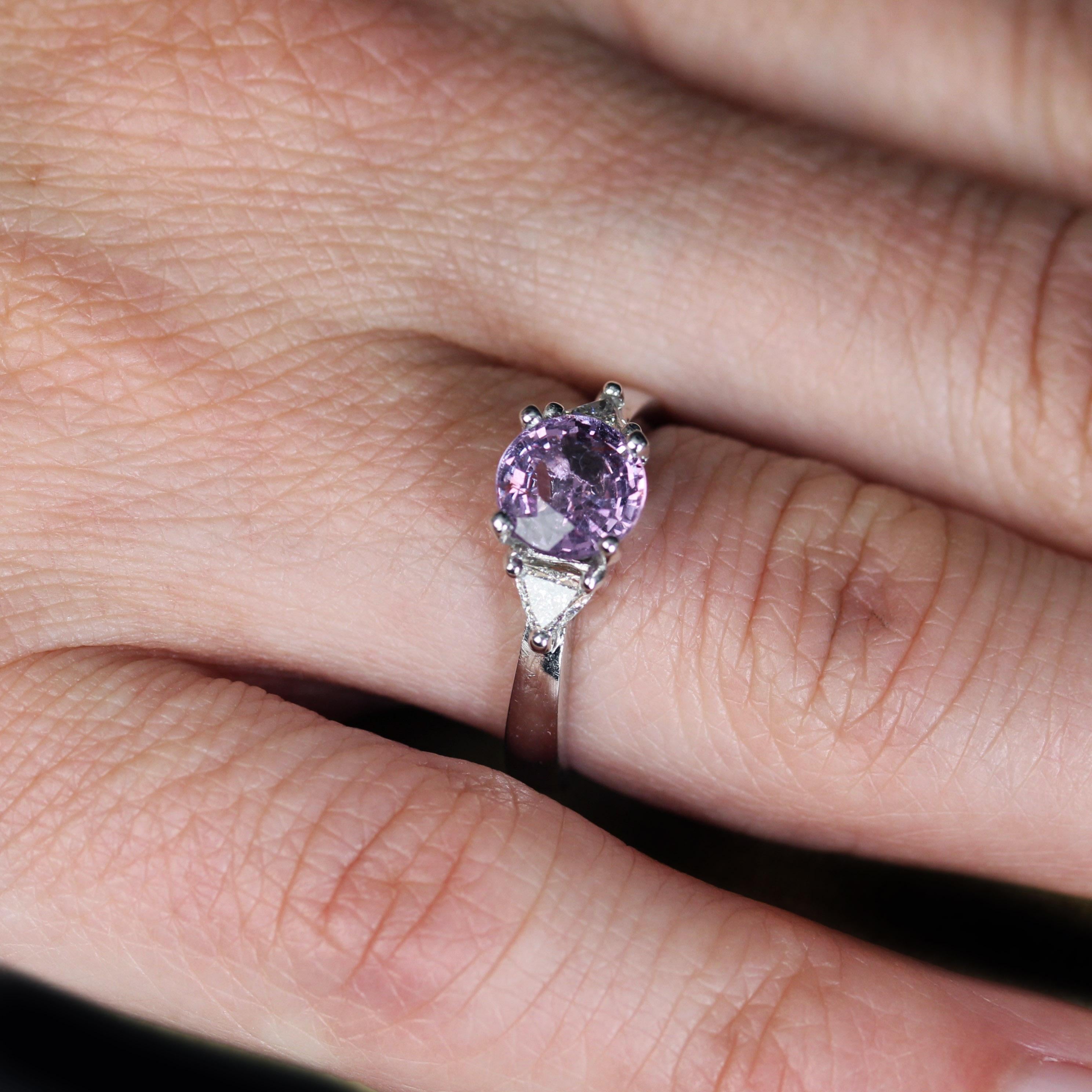 New Modern Pink Sapphire Diamonds 18 Karat White Gold Trilogy Ring 7
