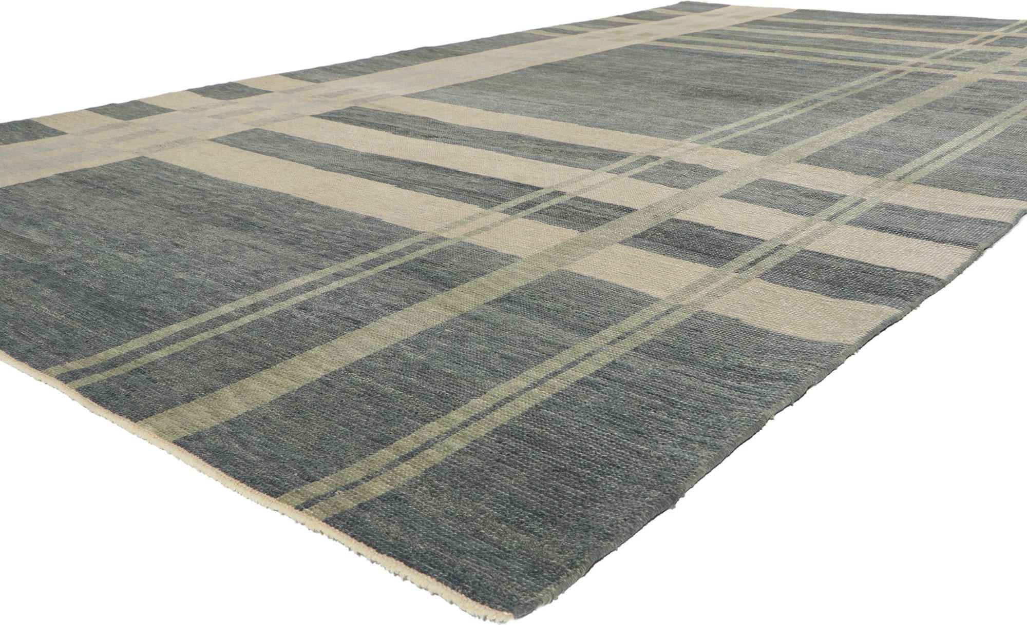 53804 New Modern Plaid Tartan Rug with Ivy League Style, 08'01 x 14'10. Displaying a charming masculine appeal and the embodiment of ivy league style, this hand knotted wool contemporary plaid tartan rug is a captivating vision of woven beauty with
