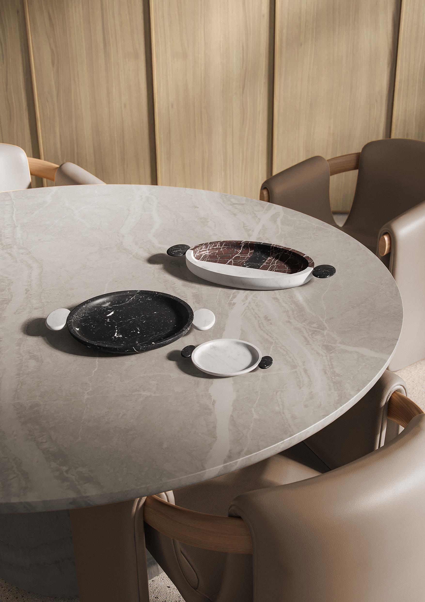 Serving tray in black Marquinia, red Levanto and white Michelangelo marble. 
Size: 40 x 29 x 4 cm, 15.7 x 11.4 x 1.6 in, smooth finishing. Commercial name: Romeo, Homage Collection by the Italian designer Matteo Cibic. Made in Italy, hand