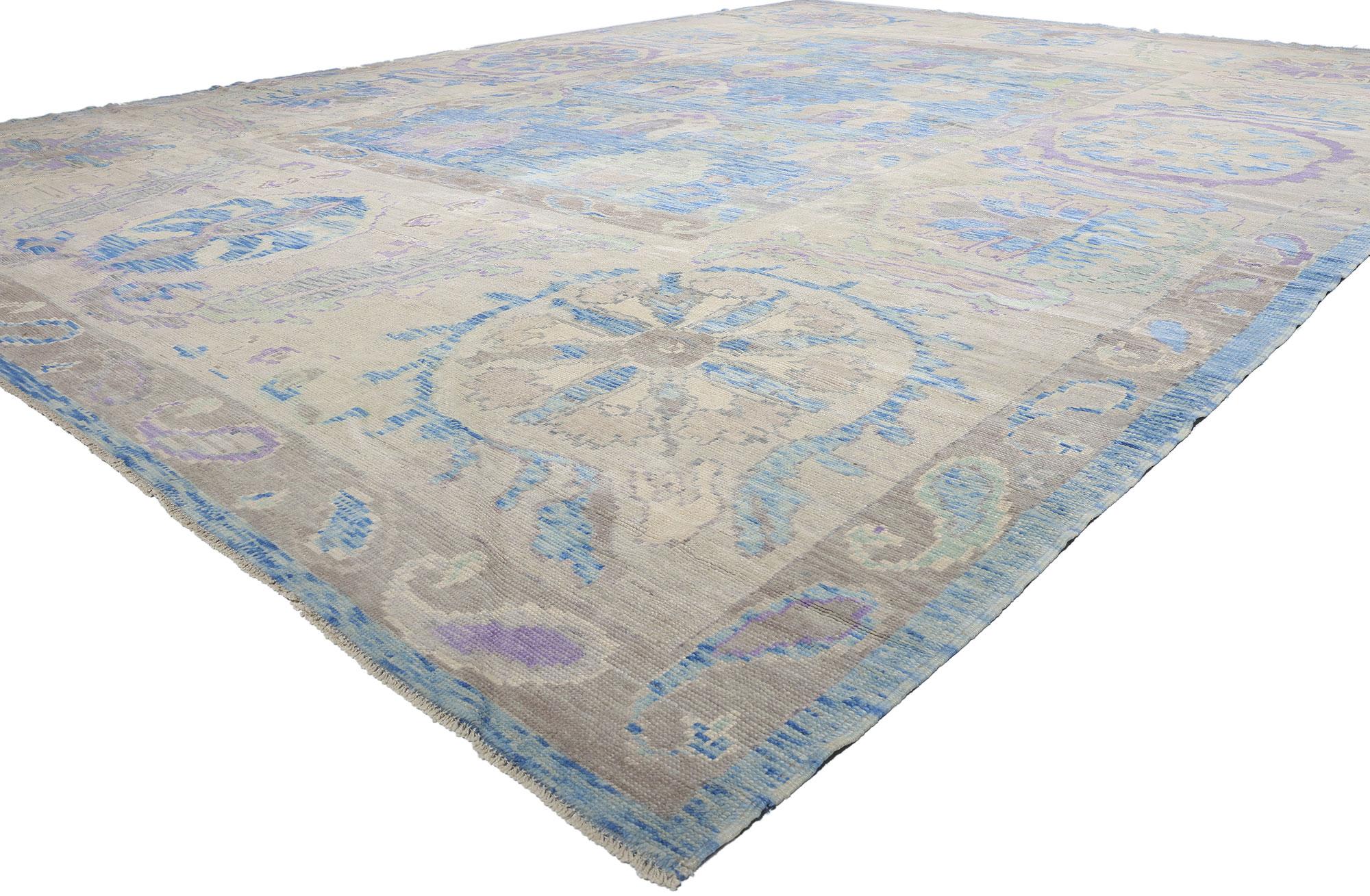 53965 New Modern Blue Turkish Oushak Rug, 14'09 x 20'07. Dieser exquisite, handgeknüpfte Teppich aus moderner türkischer Oushak-Wolle fängt die zeitlose Eleganz der anatolischen Handwerkskunst ein und verbindet sie mit einer zeitgenössischen