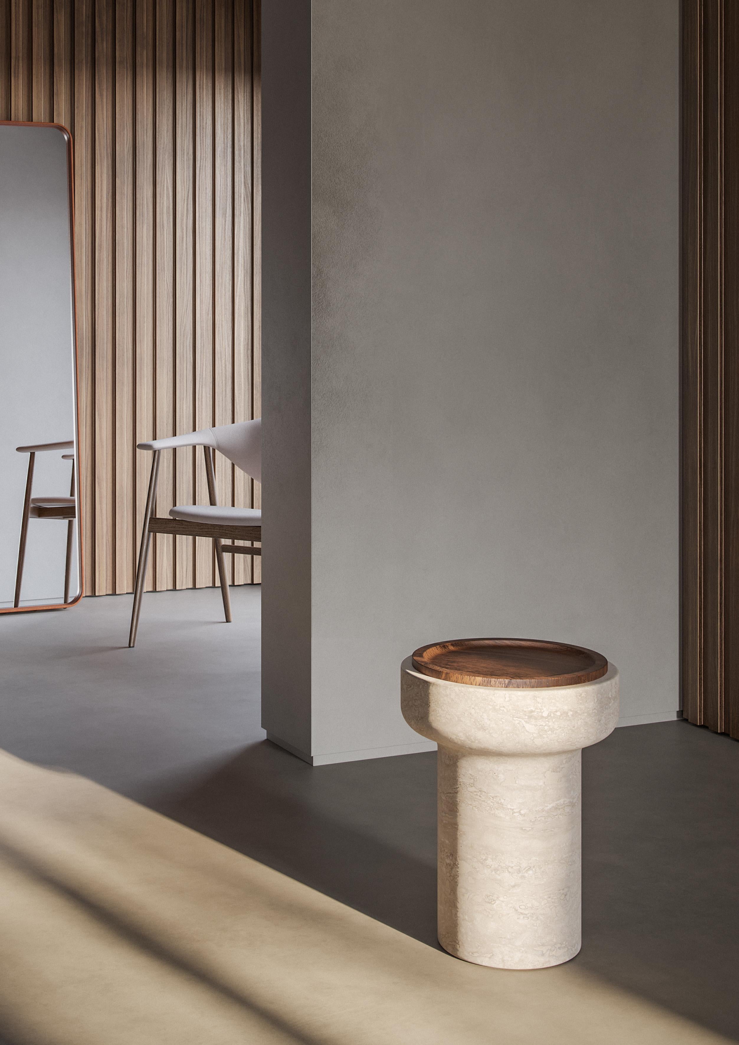 Italian New Modern Side Table in Travertine and Walnut, Designer Ivan Colominas For Sale
