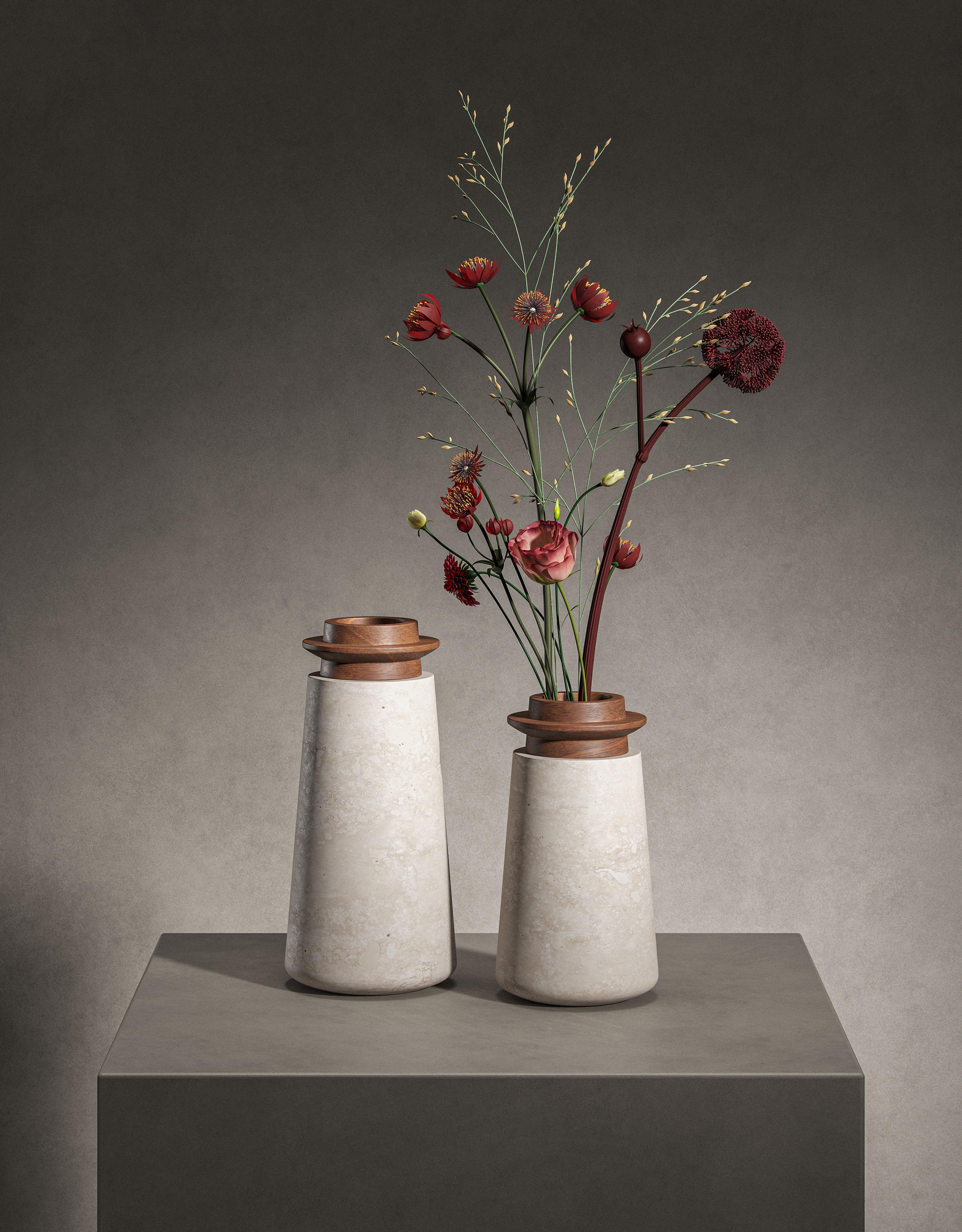 Italian New Modern Vase in Travertine and Walnut, Designer Ivan Colominas For Sale