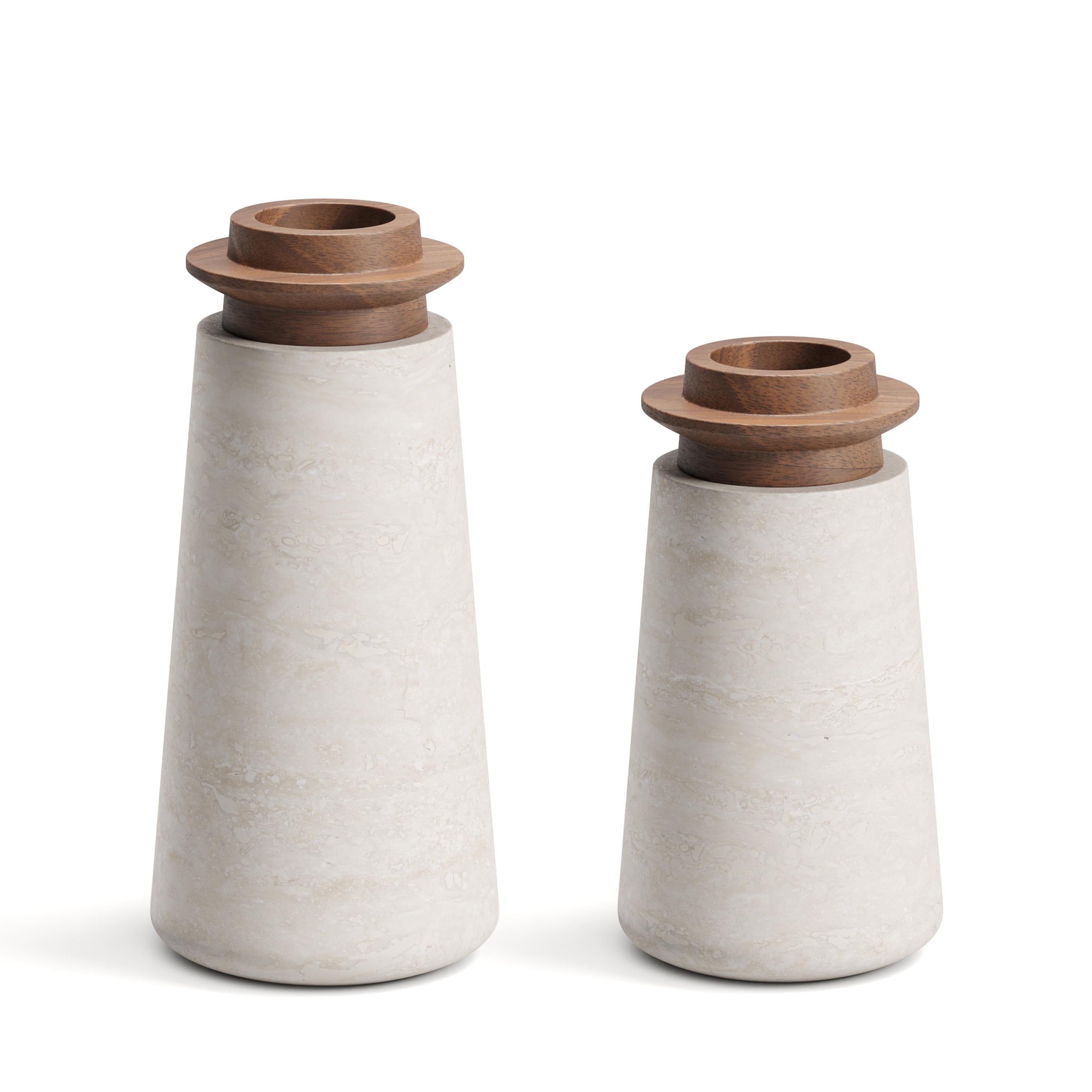 Contemporary New Modern Vase in Travertine and Walnut, Designer Ivan Colominas For Sale