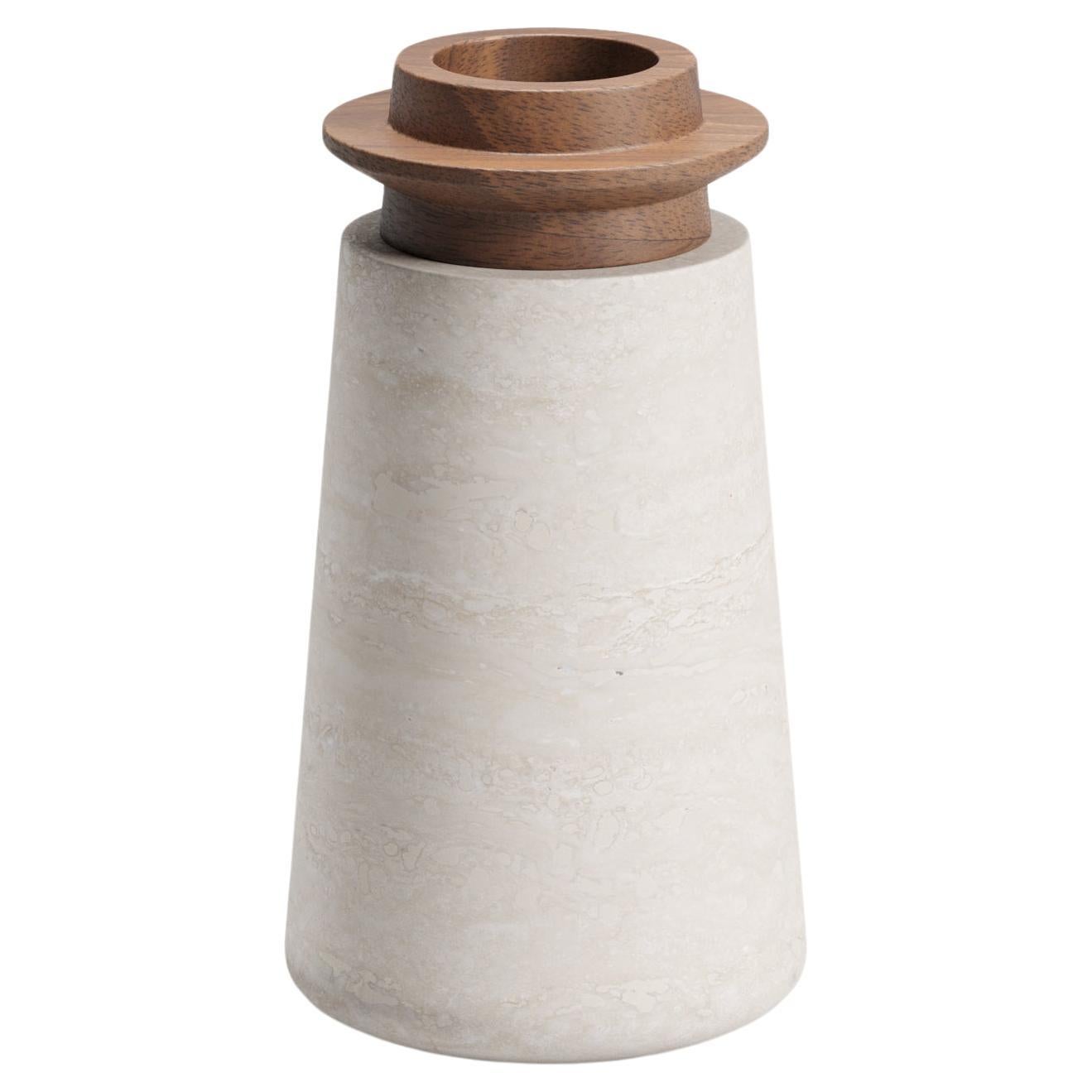 New Modern Vase in Travertine and Walnut, Designer Ivan Colominas For Sale