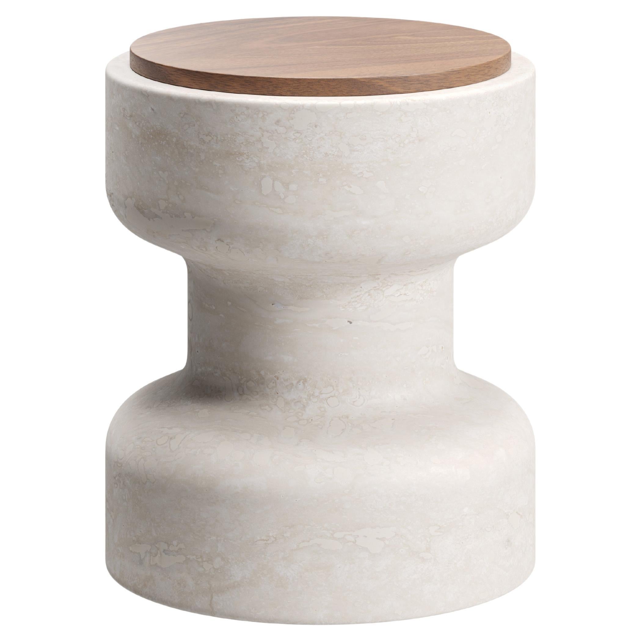 New Modern Stool in Travertine and Walnut, Designer Ivan Colominas For Sale