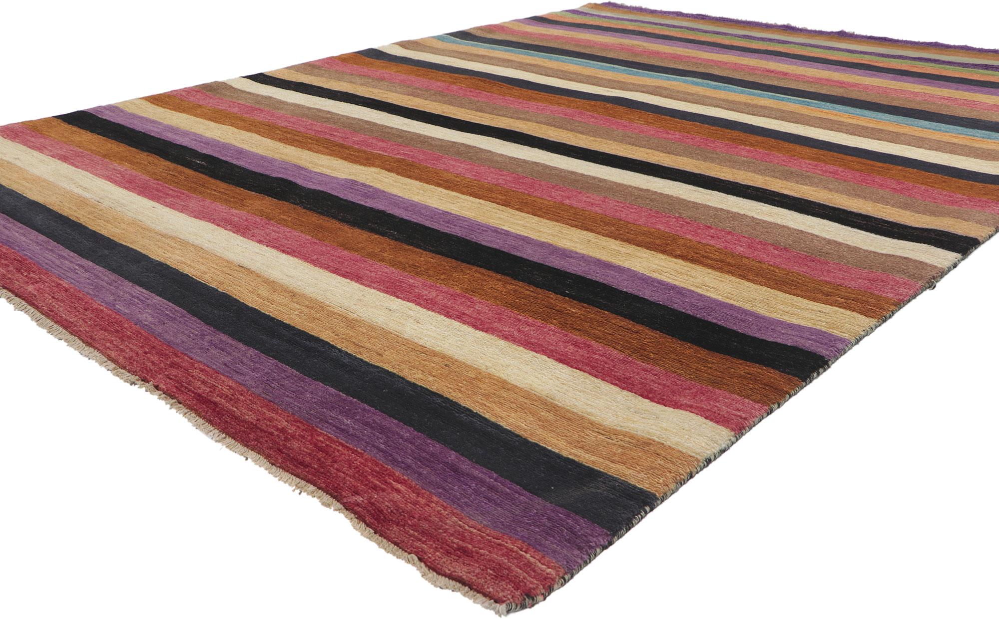 80746 Modern striped area rug, 06'02 x 08'08.
?Showcasing colorful stripes, incredible detail and texture, this hand knotted wool modern area rug is a captivating vision of woven beauty. The eye-catching striped pattern and lively colors woven into