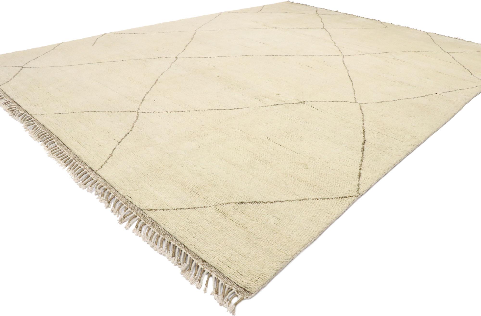 30546 New Modern Style Neutral Moroccan Rug, 10'04 x 13'09.
Emulating Hygge vibes and Shibui with a plush pile, this hand knotted wool Moroccan area rug is simple and subtle. The minimal design and neutral colors woven into this piece work together