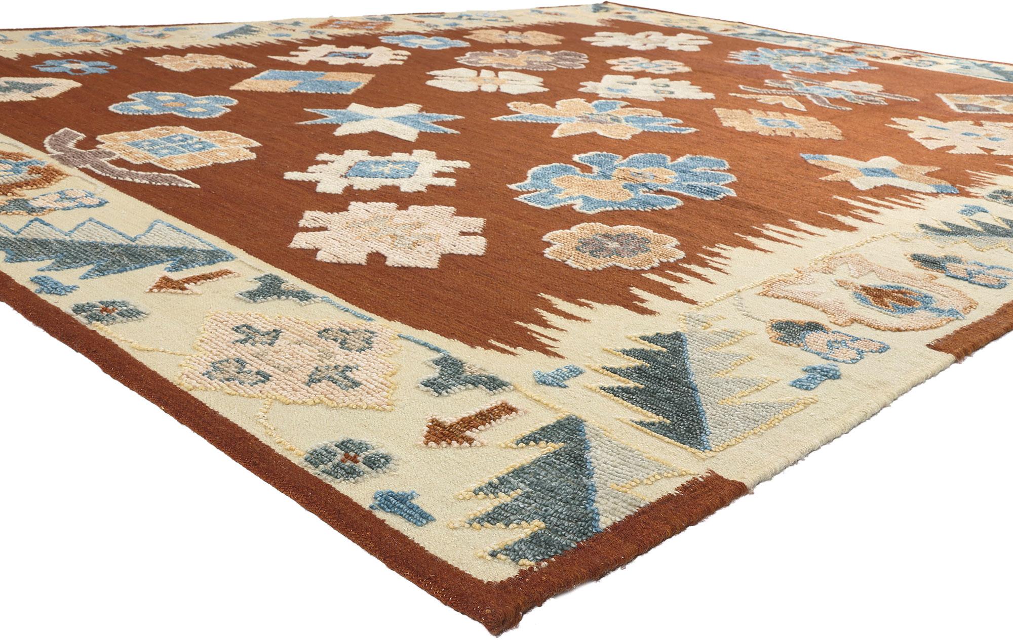 30892 New Modern Style Oushak High-Low Kilim Rug, 10'04 x 13'04. Showcasing a raised design with incredible detail and texture, this Oushak high-low rug is a captivating vision of woven beauty. The geometric pattern and earthy colorway woven into