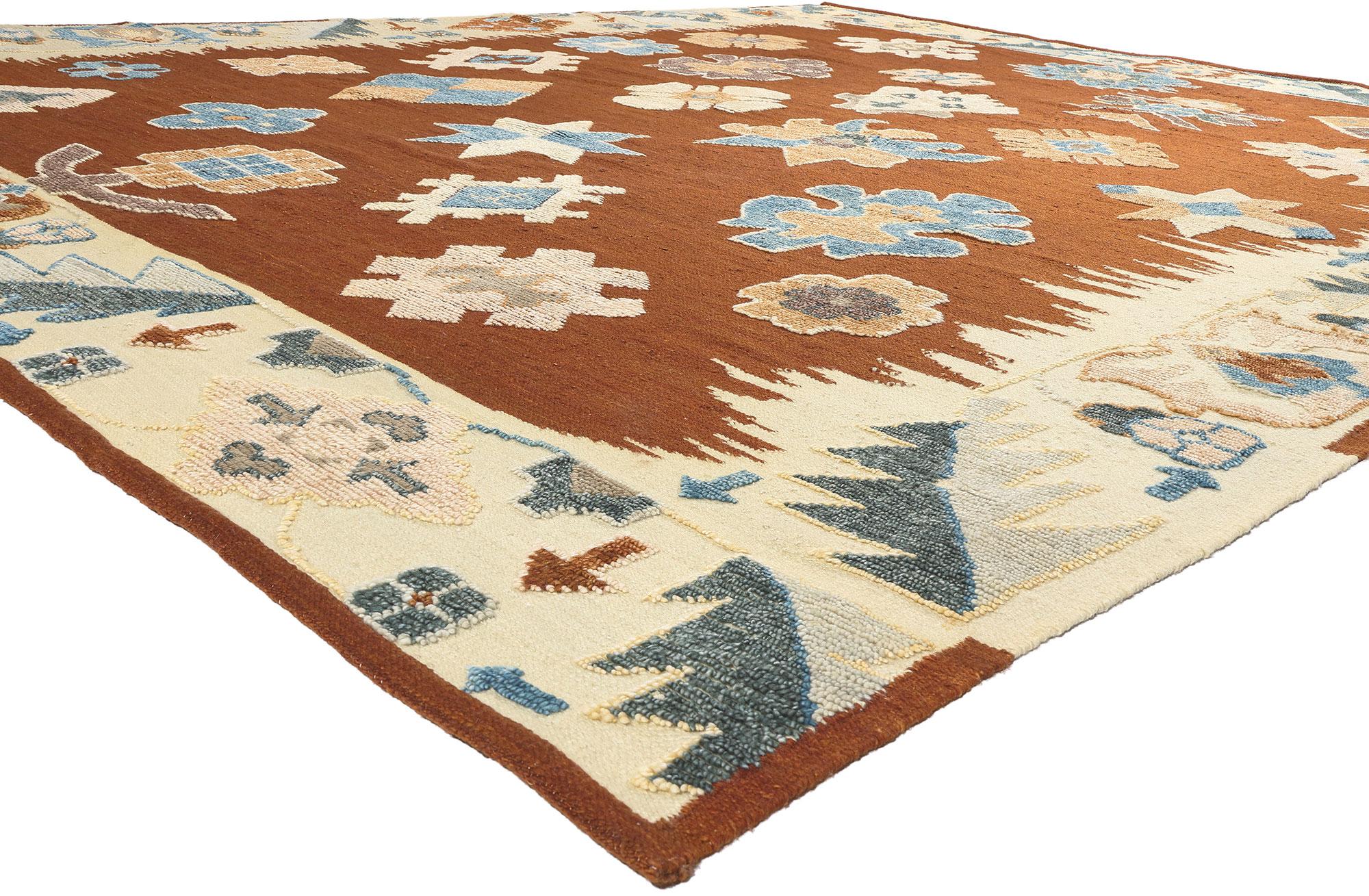 30893 New Modern Style Oushak High-Low Rug, 12'08 x 15'07. Showcasing a raised design with incredible detail and texture, this Oushak high-low rug is a captivating vision of woven beauty. The geometric pattern and earthy colorway woven into this