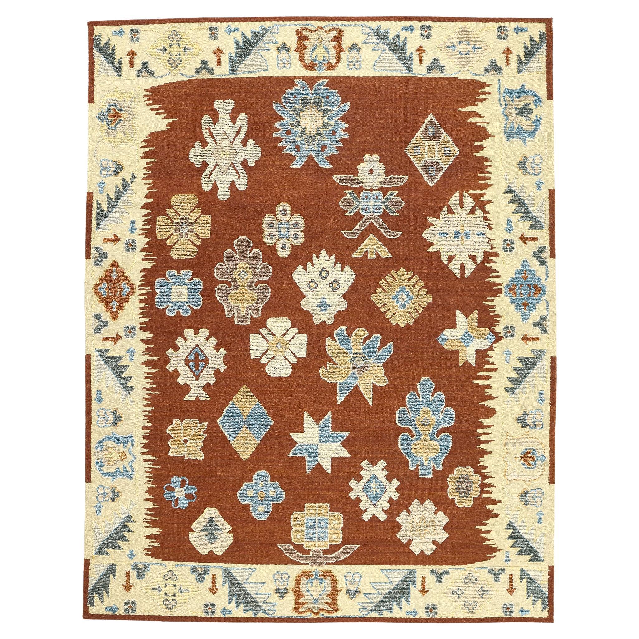 Oushak High-Low Textured Kilim Rug, Modern Style Meets Vintage Charm For Sale