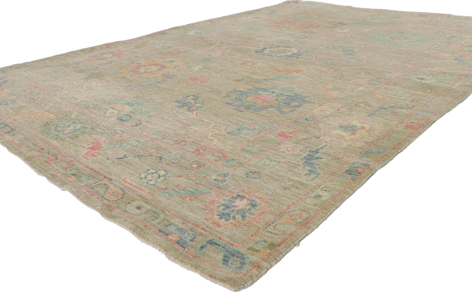 80891 New Modern Style Oushak rug with Soft Colors, 05'10 x 08'10. Polished and playful, this hand-knotted wool contemporary Contemporary Oushak rug beautifully embodies a modern style. The composition features an all-over botanical pattern composed