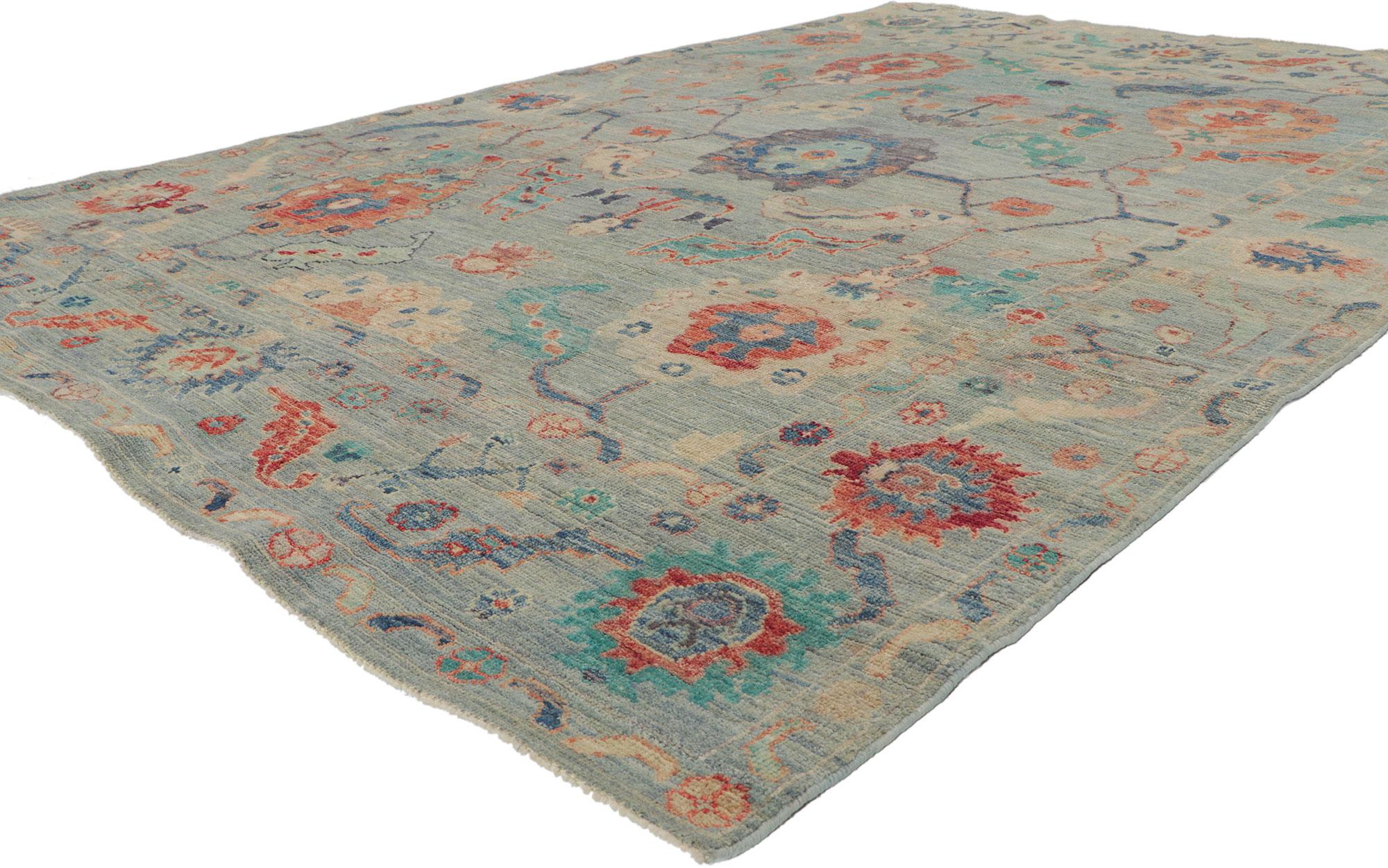 80889 New Modern Style Oushak Teppich mit weichen Farben, 06'01 x 08'09. Dieser handgeknüpfte, zeitgenössische Oushak-Teppich aus Wolle verkörpert einen modernen und verspielten Stil. Die Komposition zeigt ein botanisches Allover-Muster, das aus