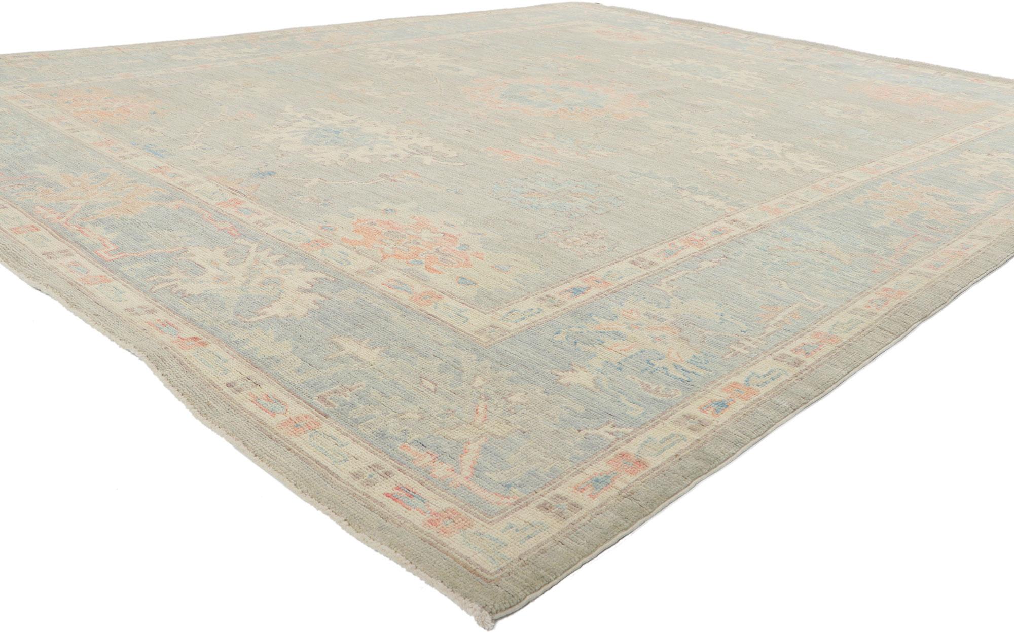 80894 Colorful Pastel Oushak Rug with Modern Style, 08'00 x 10'00. Skillfully crafted and enveloped in the refined opulence evocative of Bridgerton style and Regencycore, this meticulously hand-knotted wool Oushak rug gracefully unfurls as a