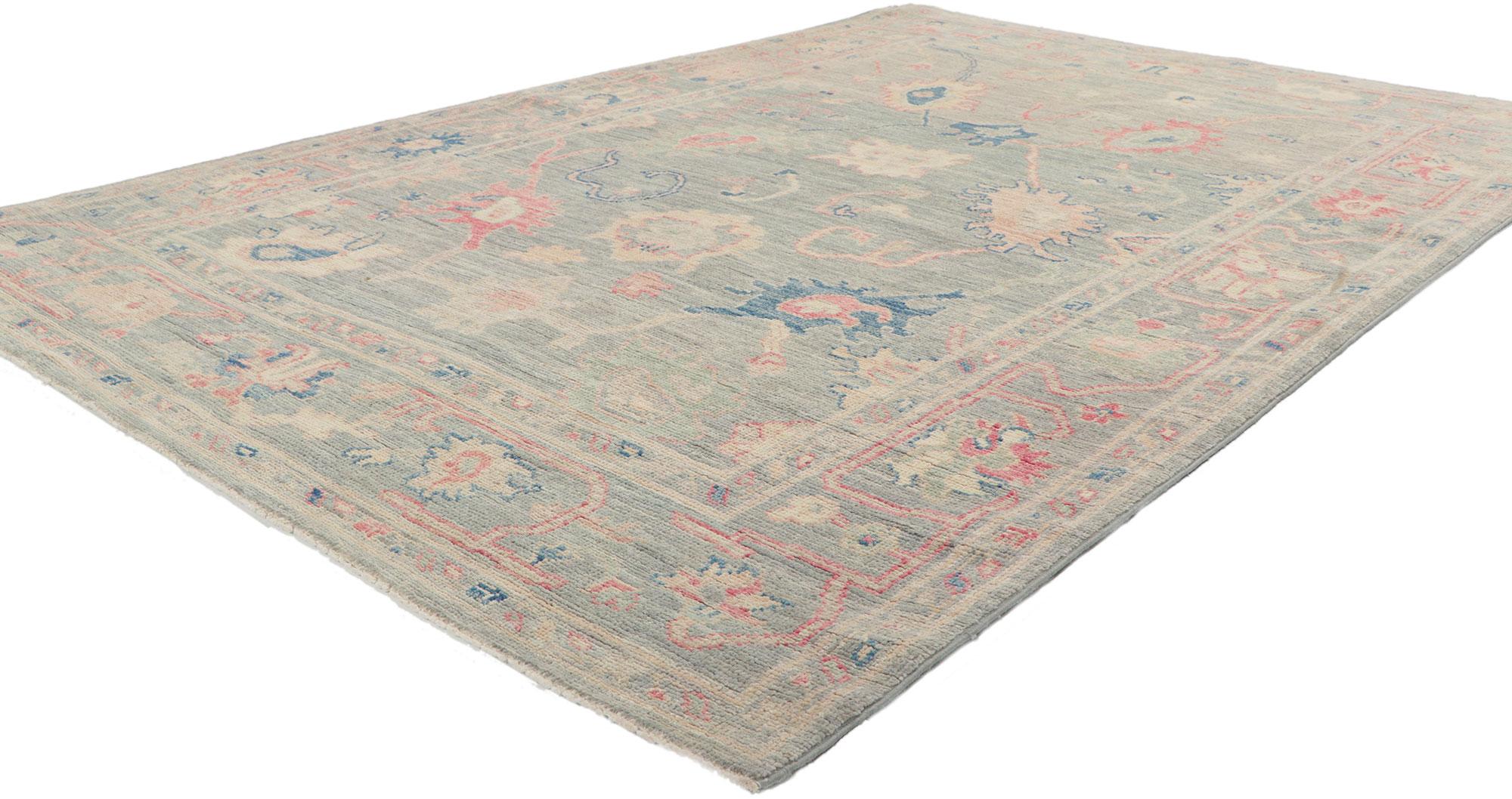 80886 New Modern Style Oushak rug with Soft Colors, 04'10 x 07'02. Polished and playful, this hand-knotted wool contemporary Contemporary Oushak rug beautifully embodies a modern style. The composition features an all-over botanical pattern composed