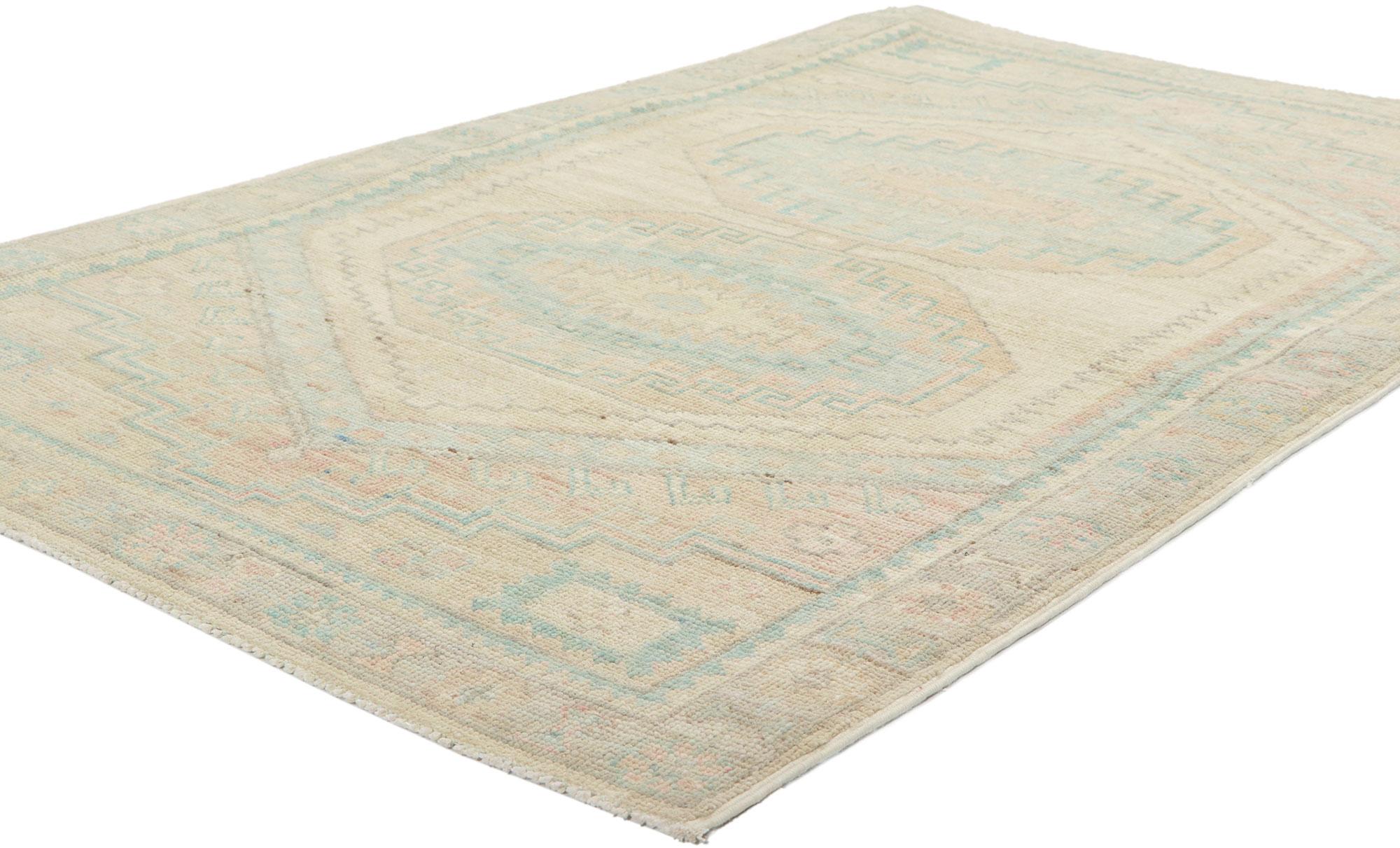 80848 New Modern Style Oushak Rug with Soft Colors, 03'03 x 05'01. Polished and playful, this hand-knotted wool contemporary Contemporary Oushak rug beautifully embodies a modern style. The composition features an all-over botanical pattern composed