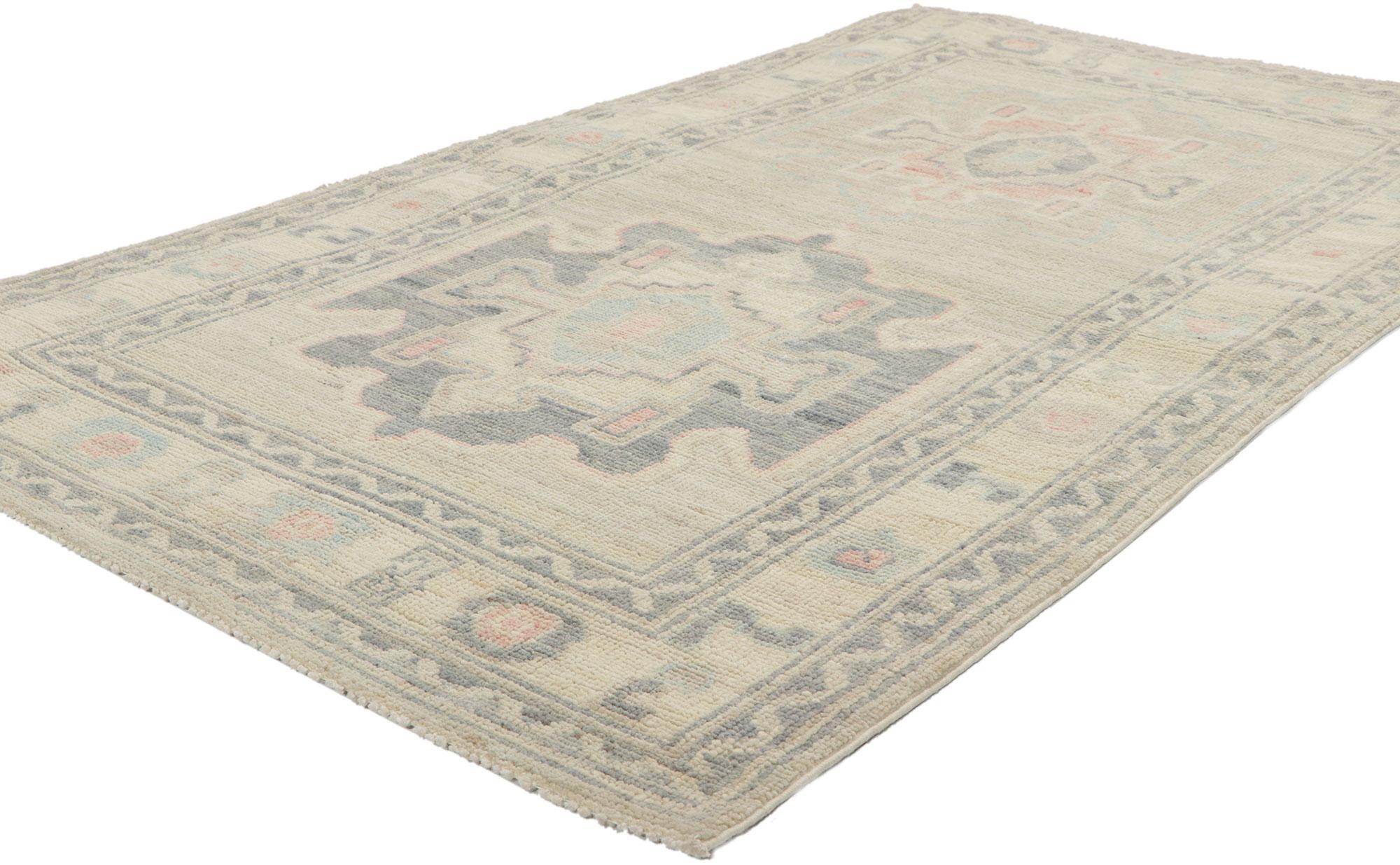 80847 New Modern Style Oushak rug with Soft Colors, 03'01 x 05'05. Polished and playful, this hand-knotted wool contemporary Contemporary Oushak rug beautifully embodies a modern style. The composition features an all-over botanical pattern composed