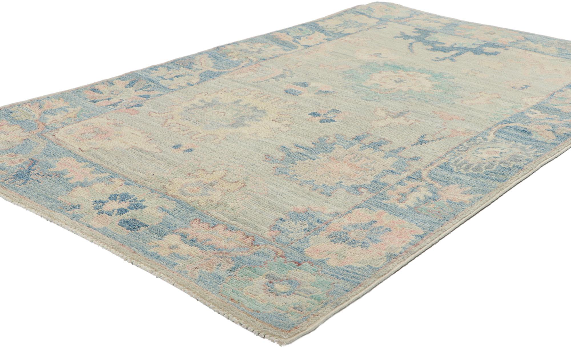 80846 New Modern Style Oushak Rug with Soft Colors, 03'01 x 05'00. Polished and playful, this hand-knotted wool contemporary Contemporary Oushak rug beautifully embodies a modern style. The composition features an all-over botanical pattern composed
