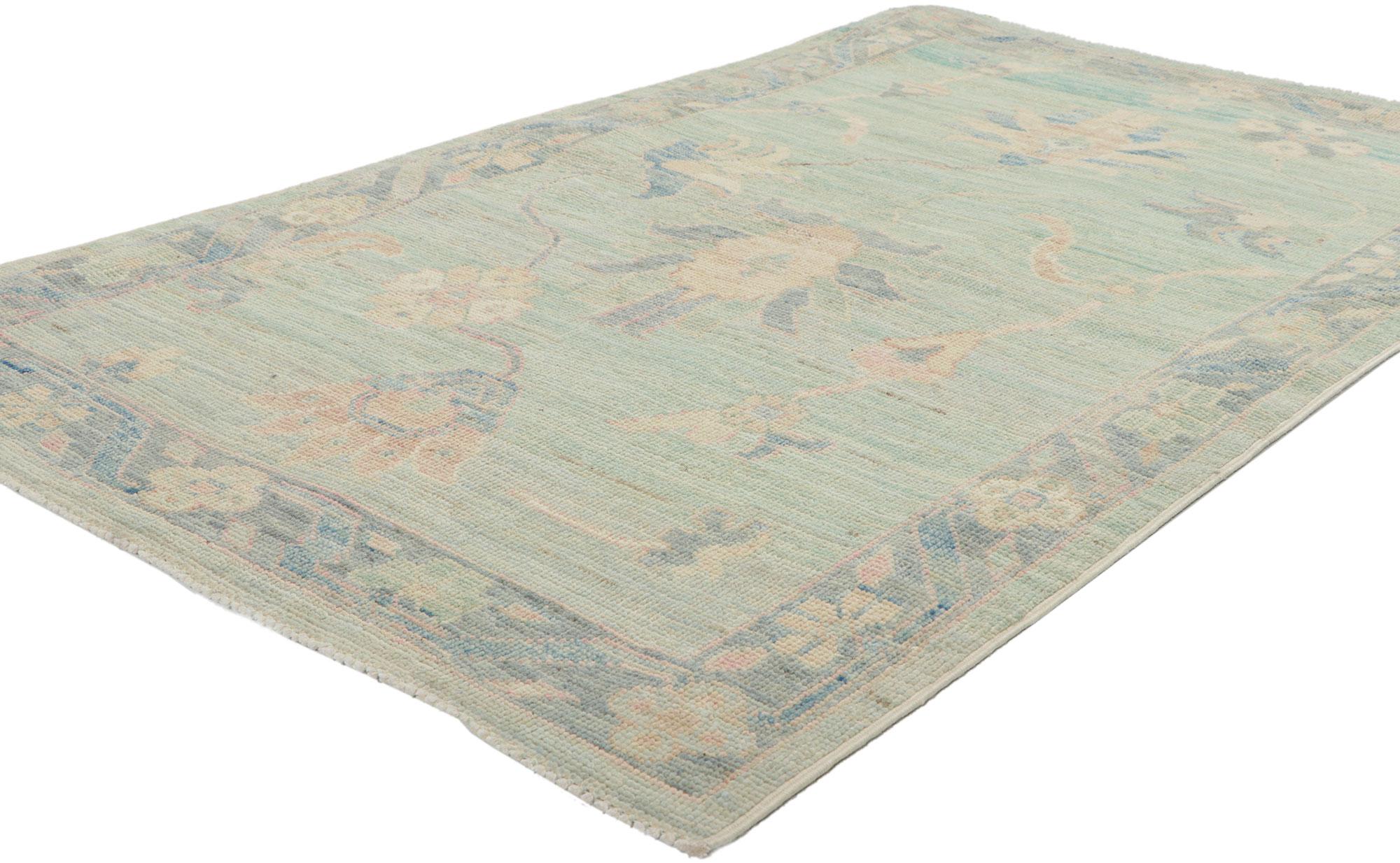 80844 New Modern Style Oushak rug with Soft Colors, 03'00 x 04'11. Polished and playful, this hand-knotted wool contemporary Contemporary Oushak rug beautifully embodies a modern style. The composition features an all-over botanical pattern composed