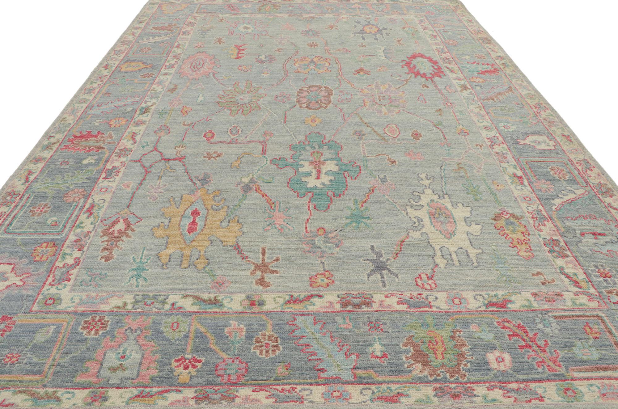 Pakistani Light Blue Oushak Rug with Soft Colors, Swedish Gustavian Meets Modern Style For Sale