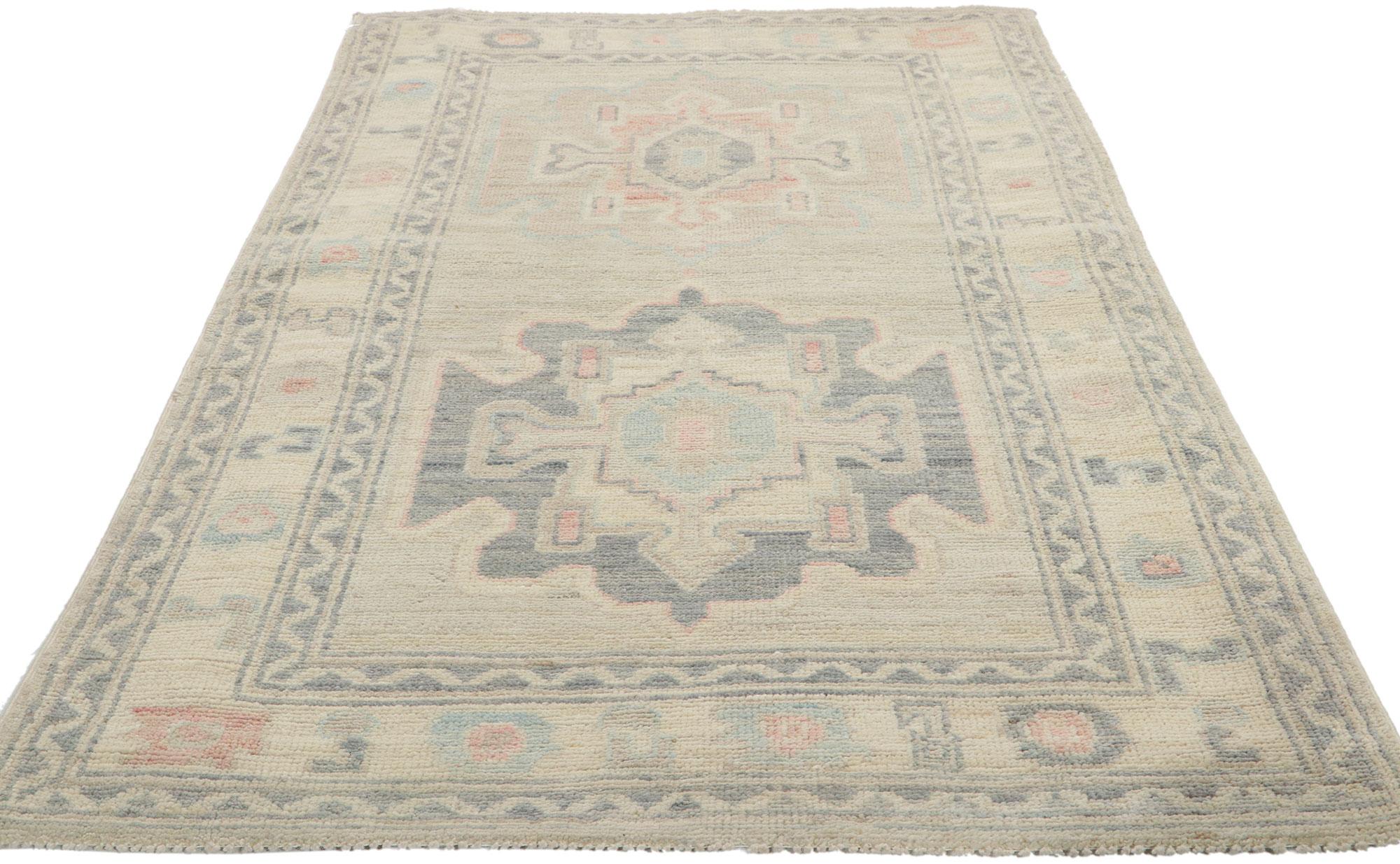 Pakistani Modern Muted Pastel Oushak Rug, Contemporary Elegance Meets Quiet Sophistication For Sale