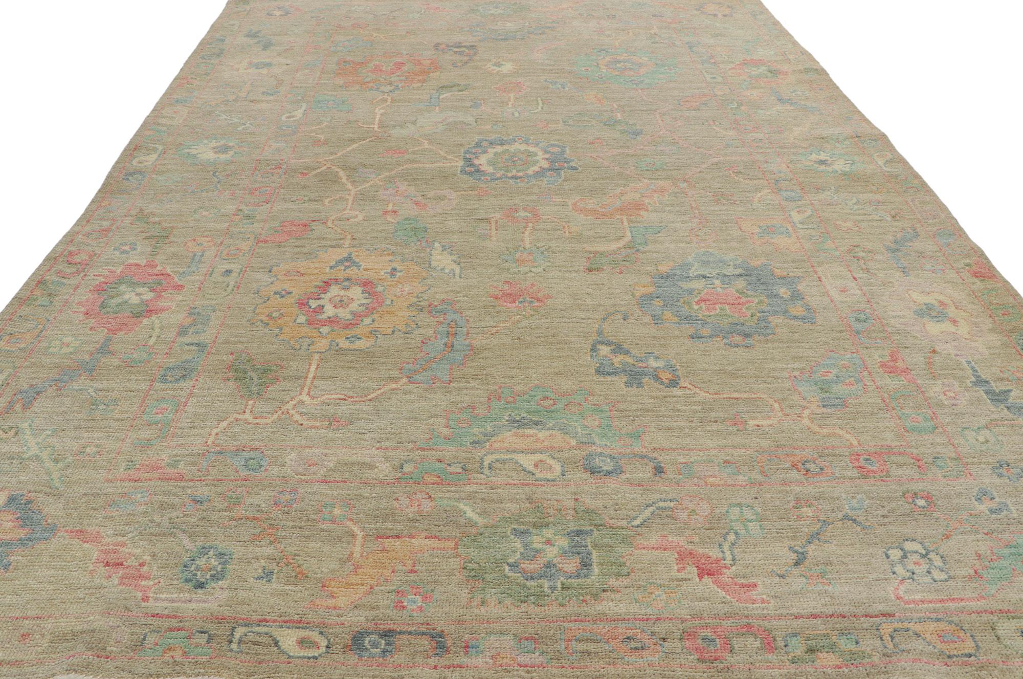 Hand-Knotted New Colorful Pastel Oushak Rug, Bridgerton Regency Meets Modern Style For Sale