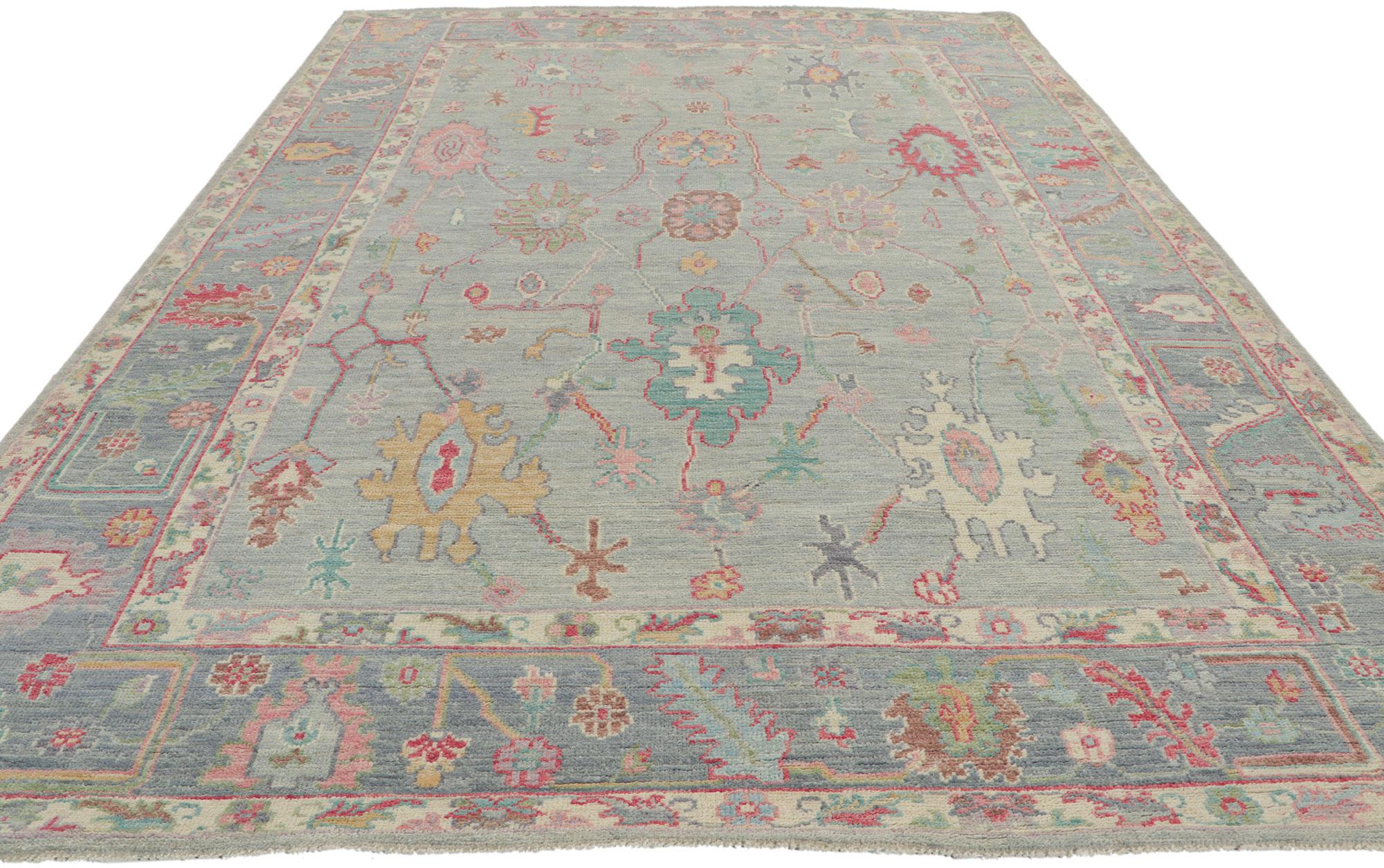 Hand-Knotted Light Blue Oushak Rug with Soft Colors, Swedish Gustavian Meets Modern Style For Sale