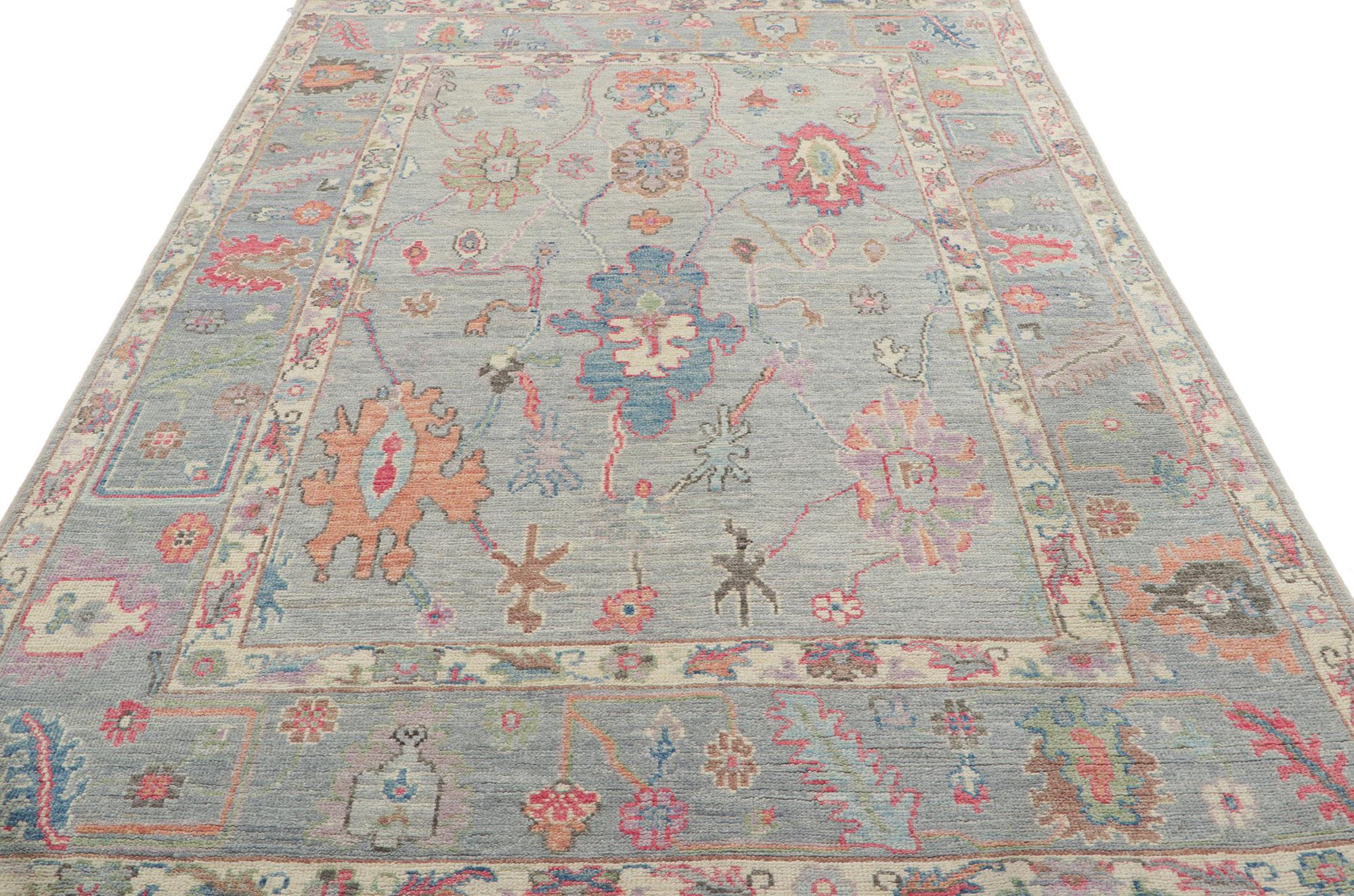 Hand-Knotted New Modern Style Oushak Rug with Soft Colors For Sale